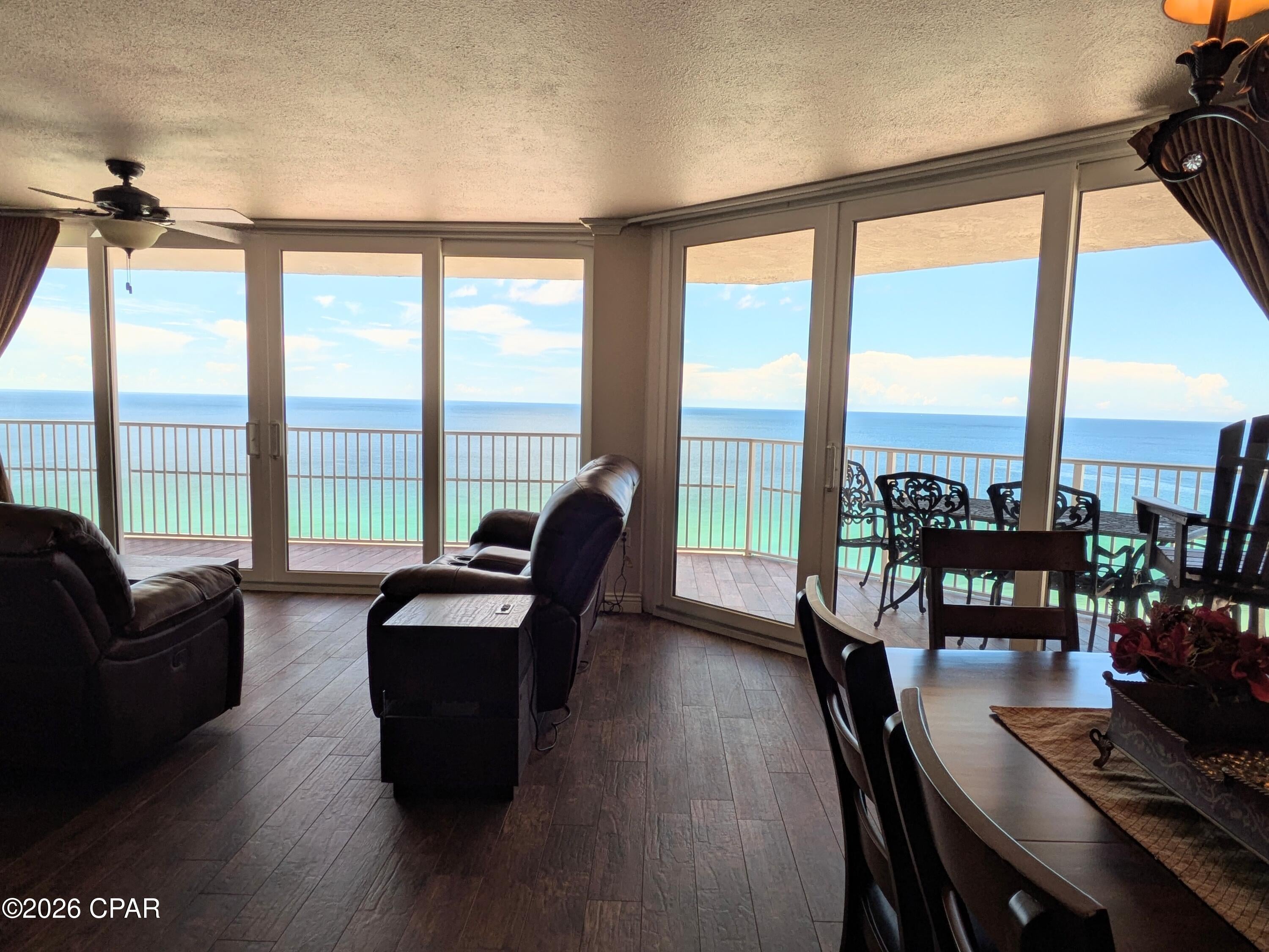 ENJOY Stunning Westerly Sunsets in this beautifully updated and furnished 3 Bedroom, 2 Bath Condo at the Dunes of Panama.  This has been the owner's primary residence and not a rental, but it can easily be made into a rental unit. 
It features wood grain tile flooring throughout that continues onto the balcony and granite countertops in the kitchen and bathrooms. Stone tile shower in the master ensuite with jets and rain shower head and a seat/foot shelf. Matching stone tile shower/tub combo in the second bathroom.  Ceilings and walls are textured to match.
The Dunes of Panama Resort has 1,500 linear feet of sugar white sand, 3 gulf front pools (one heated), four pickleball courts, one tennis court, hi-speed WI-FI with DirecTV Streaming, fitness room, shuffleboard, outdoor BBQ grills, Stingray's restaurant and gift shop and the Sneaky Tiki poolside.  Monthly HOA fees include all of the above features and all utilities except for electric.
Owner is responsible for electric bill, interior insurance and condo property taxes.
All Milestone report repairs were completed in spring 2024 and all assessments have been paid! All dimensions and information herein are deemed reliable but should be verified by buyer.