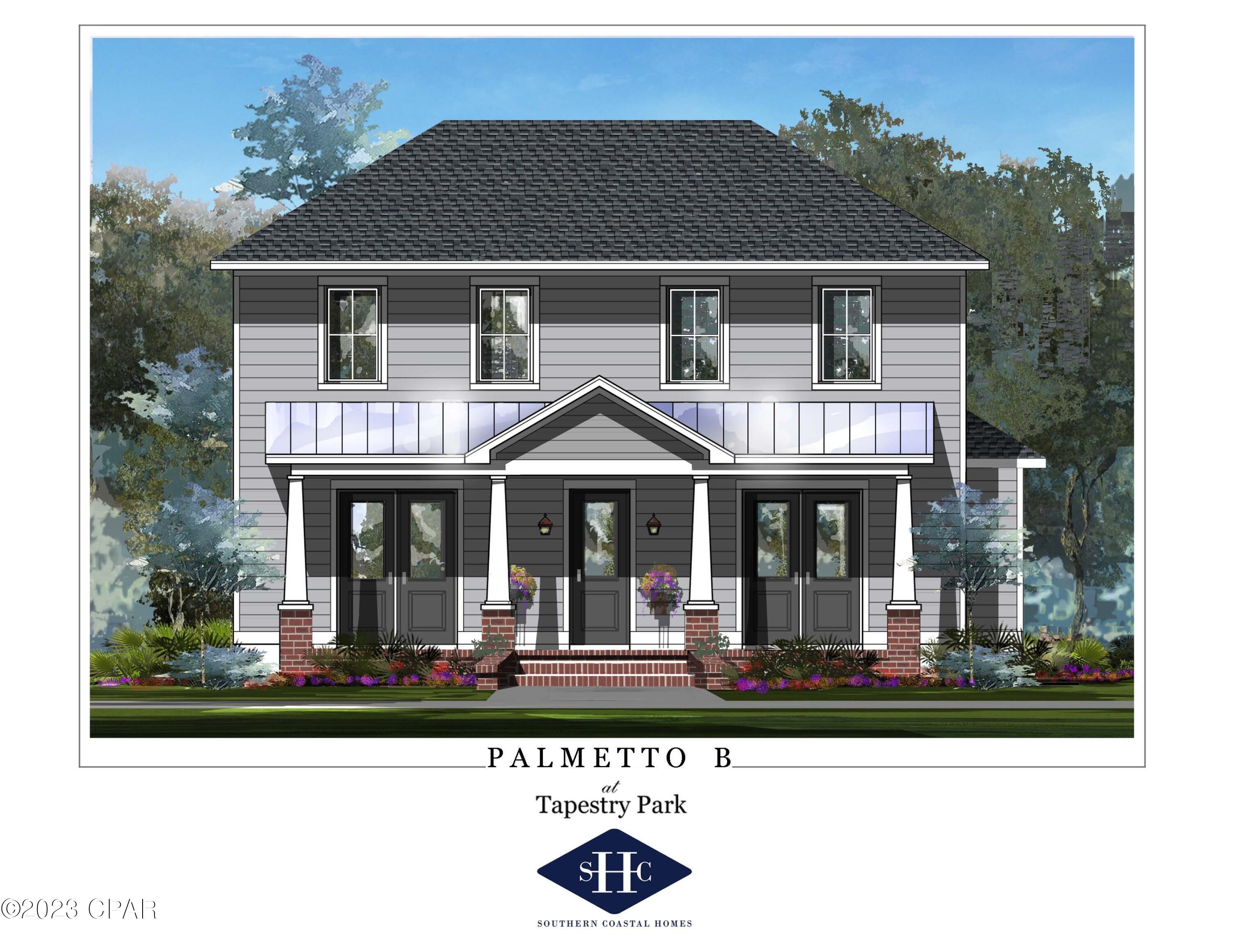 NEW CONSTRUCTION to be built in the brand new TAPESTRY PARK PHASE III in Panama City Beach built by Southern Coastal Homes. PICK YOUR DESIGN BOARD! 2 blocks to the beaches of the Gulf of Mexico and beach access #43, close to shopping and dining, and the famous Pier Park. Homeowners will have access to two community pools, lighted sidewalks and green spaces as well as access to tennis courts, basketball courts, and club house. This grand 4/3.5 PALMETTO floorplan is a brand new Southern Contemporary design with old Florida charm and coveted upgrades.
INTERIOR features include 10 ft ceilings with 8 foot interior doors, large volume Great Room with an open floor plan, dedicated study/flex room, kitchen with center island, custom cabinetry, walk-in pantry and stainless-steel appliances.

The FIRST FLOOR Master Suite has an expansive tiled shower, pedestal tub, double vanity large walk-in closet with direct access to laundry room. The second floor holds 3 well-appointed bedrooms; one with ensuite bathroom and jack-and-Jill layout.
EXTERIOR features of this home includes Hardie board siding with beautiful brick rocking porch, double front porches, 8 ft. exterior doors, rear detached garage with alley access and optional outdoor kitchen.
Home includes smart lock, tankless gas water heater, energy efficient appliances, dual A/C units and has been expertly designed by our design team.