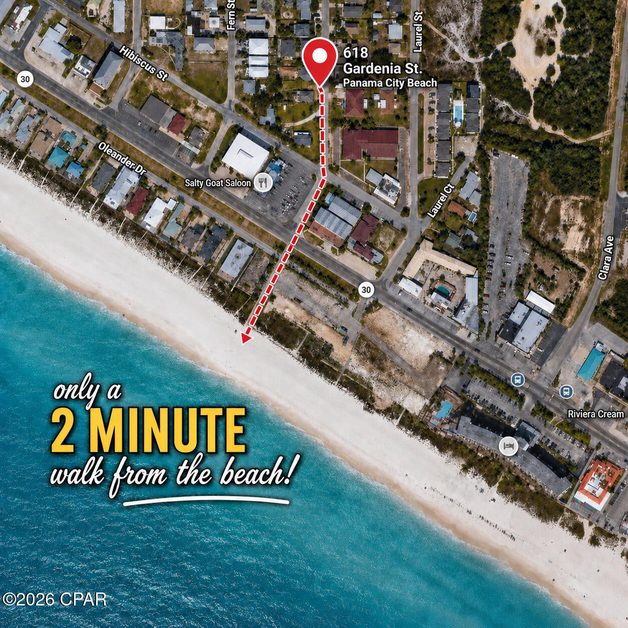 Located at 618 Gardenia Street in Panama City Beach, Florida, this 2-bedroom, 2-bath concrete block home wrapped in vinyl siding offers an incredible opportunity just half a block from the white sandy beach. Built in 1945, the home features 722 square feet of living space and sits on a large 6,446-square-foot lot, making it an ideal option for investors, fix-and-flippers, or buyers looking to create their own beach retreat.

The property includes a welcoming front Florida sunroom and a rear concrete patio, perfect for grilling or entertaining. Important updates include a shingle roof replaced in June 2022 and a hot water heater replaced in 2025. The home does not have central heat or air and is currently cooled with window A/C units.

With the beach just a 2-minute walk or 1-minute golf cart ride away, the location is hard to beat. Several restaurants, ice cream shops, local businesses, and the county pier are all within walking distance, adding even more appeal to this prime beachside property.

The oversized lot offers plenty of room to park multiple large RVs, expand on the existing home, or transform the property into your own personal showcase near the coast. With much of the value in the land and unbeatable location, this home is currently being used as a long-term rental and presents outstanding potential for redevelopment, renovation, or investment.

PICTURES ARE A REPRESENTATION OF THE PROPERTY'S POTENTIAL VOID OF TENANTS FURNISHINGS AND/OR BELONGINGS.