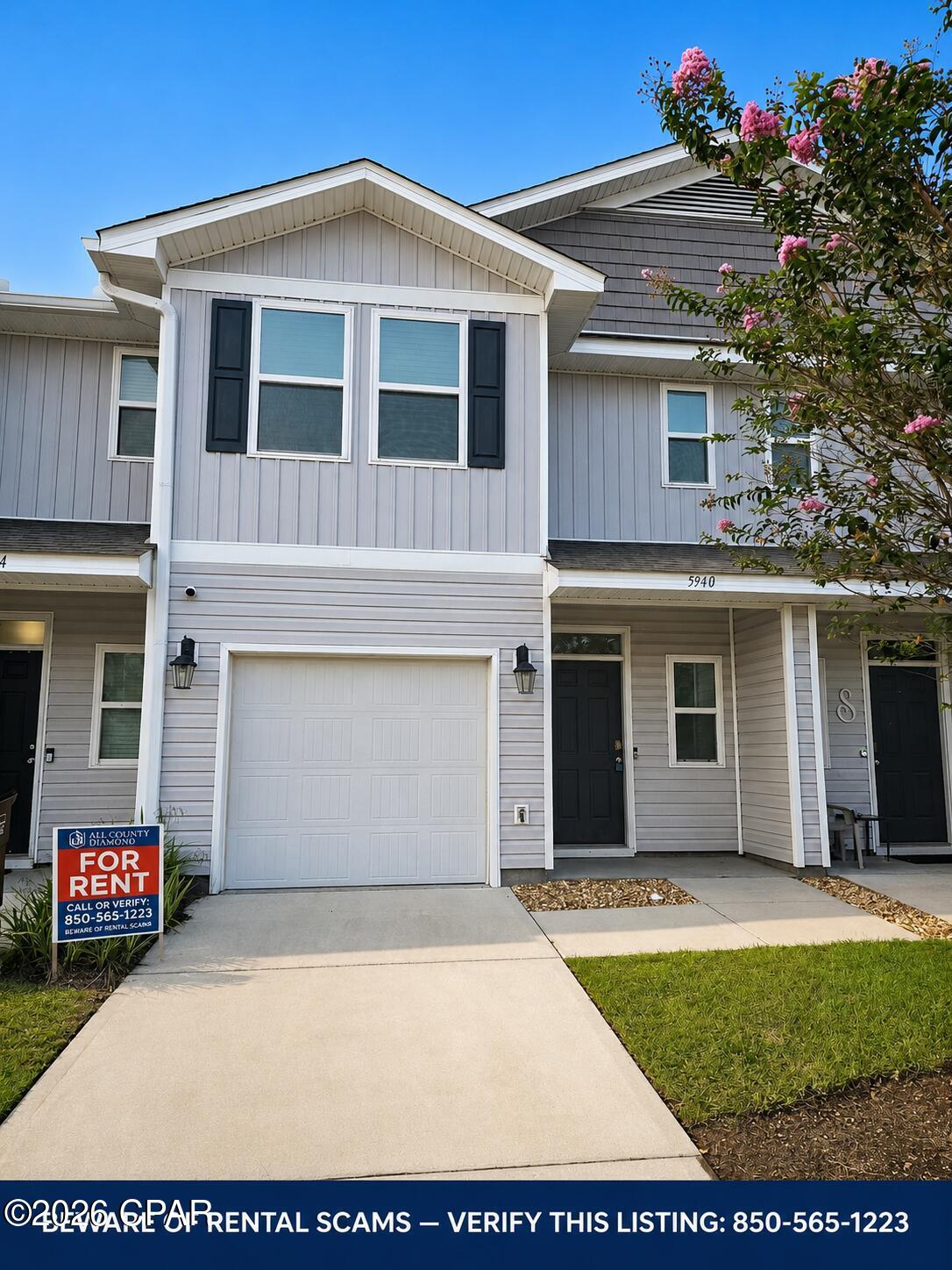 Welcome to 5940 Callaway Circle, a spacious 3-bedroom, 2.5-bath townhome offering 1,519 square feet of comfortable two-story living in the Sentinel Point community.

The bright, open main level features LVP flooring, recessed lighting, a generous living and dining area, and a well-appointed kitchen with ample cabinetry, a breakfast bar, granite-look countertops, and black appliances. A convenient half bath is located downstairs, while all three bedrooms are upstairs for added separation from the main living areas.

The roomy primary suite includes a ceiling fan and walk-in closet. Additional highlights include two full bathrooms upstairs, interior laundry hookups, central air, ceiling fans, an attached one-car garage with opener, and a private patio overlooking a privacy-fenced backyard.

Enjoy access to the Sentinel Point community pool and a convenient Callaway location directly across from the Walmart shopping area, with groceries, coffee, dining, and everyday services close by. The home also provides convenient access to Tyndall Air Force Base, US-98, downtown Panama City, schools, and St. Andrews Bay-area recreation.

Schedule your showing today and see how easily this well-located townhome can fit your everyday lifestyle.