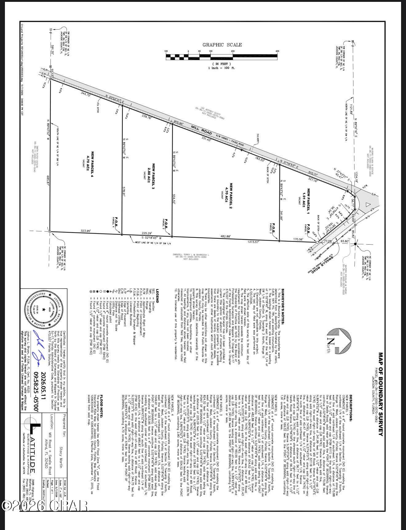 An opportunity to own a 1.91 acre tract identified as Parcel 1, carved from a larger parent parcel in Alford, Florida. This parcel is to be sold as a separate tract, with boundaries and legal description defined by a final plat. An existing survey accompanies the offering to streamline due diligence. Situated in a rural setting, this flexible property can accommodate single family, agricultural, recreational, or other uses that comply with local zoning .