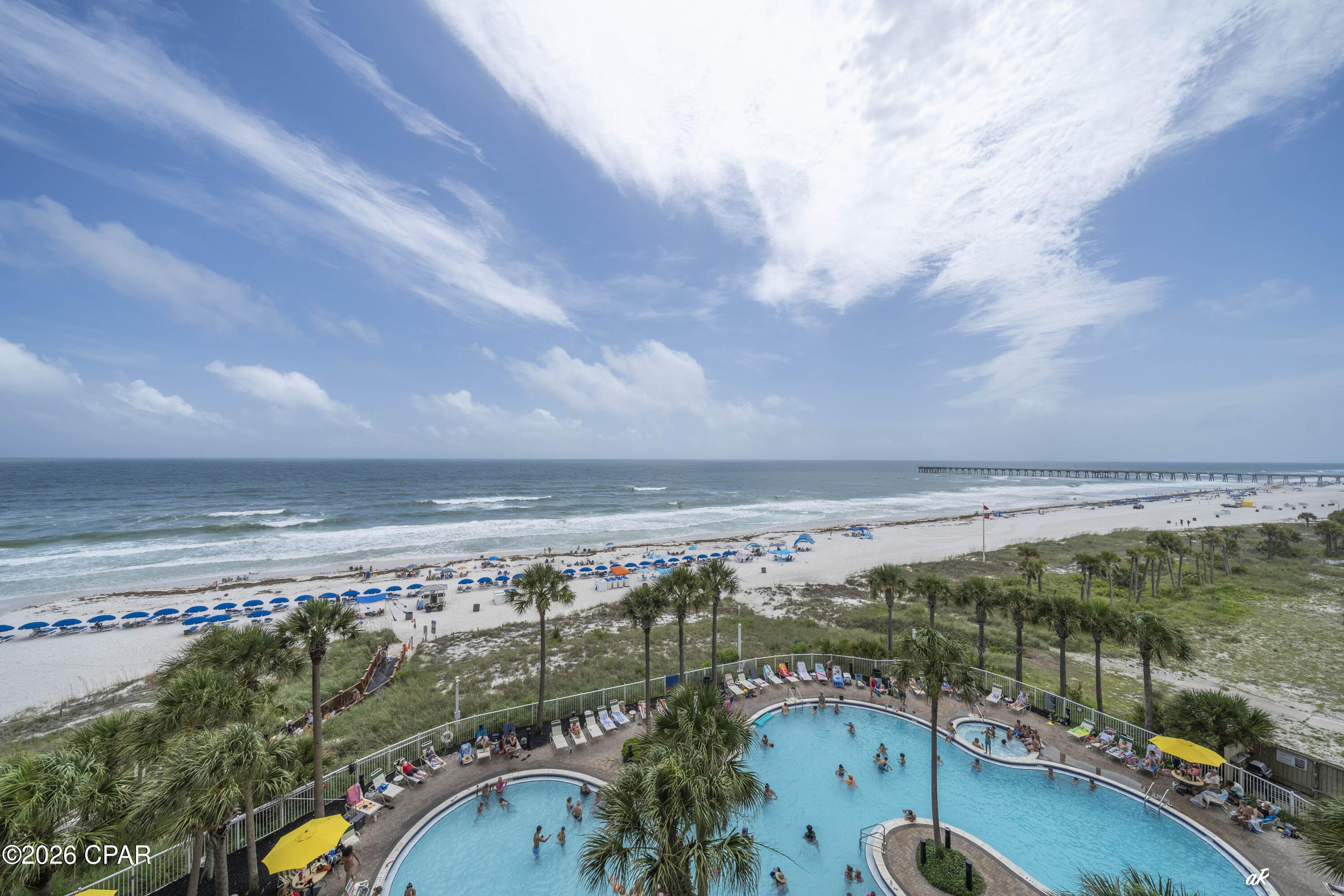 Here it is ! Grand Panama Beach Resort Tower 1, Condo 605. Lower floor beauty. Grand Panama a 100% owner owned Resort. Fully Furnished/rental ready. 2bed 2Bath/bunk area . This 05 stack has a large unobstructed balcony for the beautiful beach front sunsets. Full size bunk bed in hallway, all stainless steel appliances , This condo is on the vacation rental program or can be used as a second home for a new owner. 2 owners closets, newer HVAC, Newer Hot water Tank,  Resort amenities : 2 heated pools , kidde pools, hot tubs, tiki bar, large and nicely equipped, business center, BBQ areas, dog park, onsite sit down pizza restaurant, onsite general store, coffee shop,  Everything a family needs for a beach vacation .