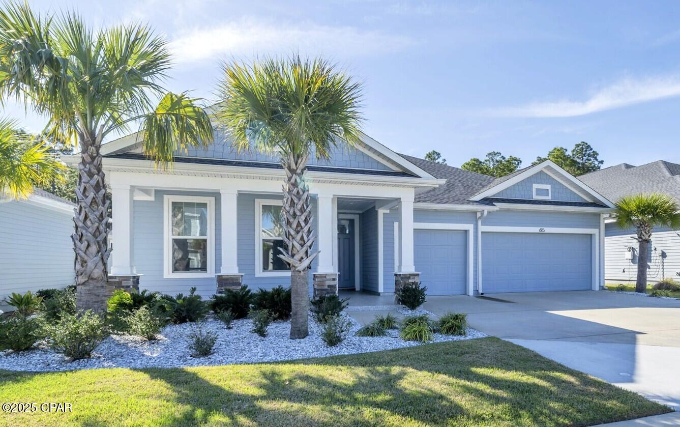 Welcome to your future home! Vacation everyday in your private pool and outdoor living space, just one of the many amazing showcases for this home. This beautifully maintained residence offers the perfect blend of comfort, style, and convenience. Located in a quiet, family-friendly neighborhood, this property is ideal for first-time homebuyers, growing families, or anyone seeking a peaceful suburban lifestyle. One of the finest homes in Breakfast Point East.... Coastal Craftsman Masterpiece nestled along a protected Nature Preserve. 615 Longpoint Way, is a home where contemporary coastal design meets elevated craftsmanship. The property, a Samual Taylor Home, with an impressive Tracewood floor plan, features extensive upgrades throughout, 3 car garage and a spacious backyard with sparkling 12x30 private salt water pool and outdoor living space with covered lanai and gas hook up for outdoor entertaining or relaxing with the family. This single level meticulously maintained property, built in 2023, features 4 bedrooms, 3 bathrooms and a bonus room that can be used as an office, media room or home fitness area. The sought after single level, split floor plan spans over 2500 Sq.ft. The large open concept provides expansive views of the private pool. The centerpiece of the open concept main living area is the custom designed kitchen fully equipped with the a 30'' stainless steel range hood, built-in microwave, stainless steel gas stove, dishwasher, garbage disposal, extensive cabinetry, under cabinet lighting, and quartz counters and large walk-in pantry. The spacious Primary Suite with huge En suite bathroom features double sinks, stunning double glass shower, large walk-in closet and overlooks the private pool and nature preserve. Three additional bedrooms are perfectly positioned throughout the home to provide privacy while also providing connectivity. The 3 car garage provides the additional space needed for vehicles or your gear.