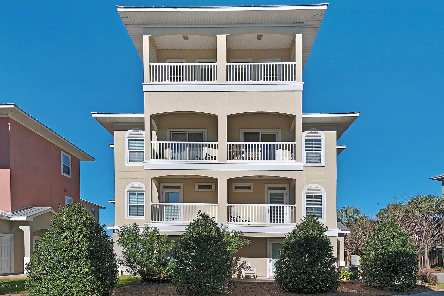 CLOSE TO THE BEACH WITH GREAT GULF VIEWS!  This beautiful 4-story townhome is located directly across the street from the Gulf in popular Casa Del Mar subdivision on Panama City Beach's popular west-end.  Conveniently located near shopping, dining, entertainment, and only 20 minutes to Northwest Florida/Beaches International Airport. This 3BR/3.5BA unit has a 2 car garage, new AC, private elevator, and a loft on the 4th floor with outstanding Gulf views. The town home comes nicely furnished and would make a great full time retreat or a wonderful second home without the busy hustle of the high-rise condos. Well appointed with Granite Counter tops, and multiple balconies. Definitely a MUST SEE! One bedroom and full bath is located on the first floor.  Take the stairs or your private elevator to the 2nd floor bedrooms, or 3rd floor living quarters 2nd Floor bedrooms features two masters suites with full baths and balconies.  3rd floor includes living room, kitchen, and dining area. Room dimensions to be verified by the buyer.