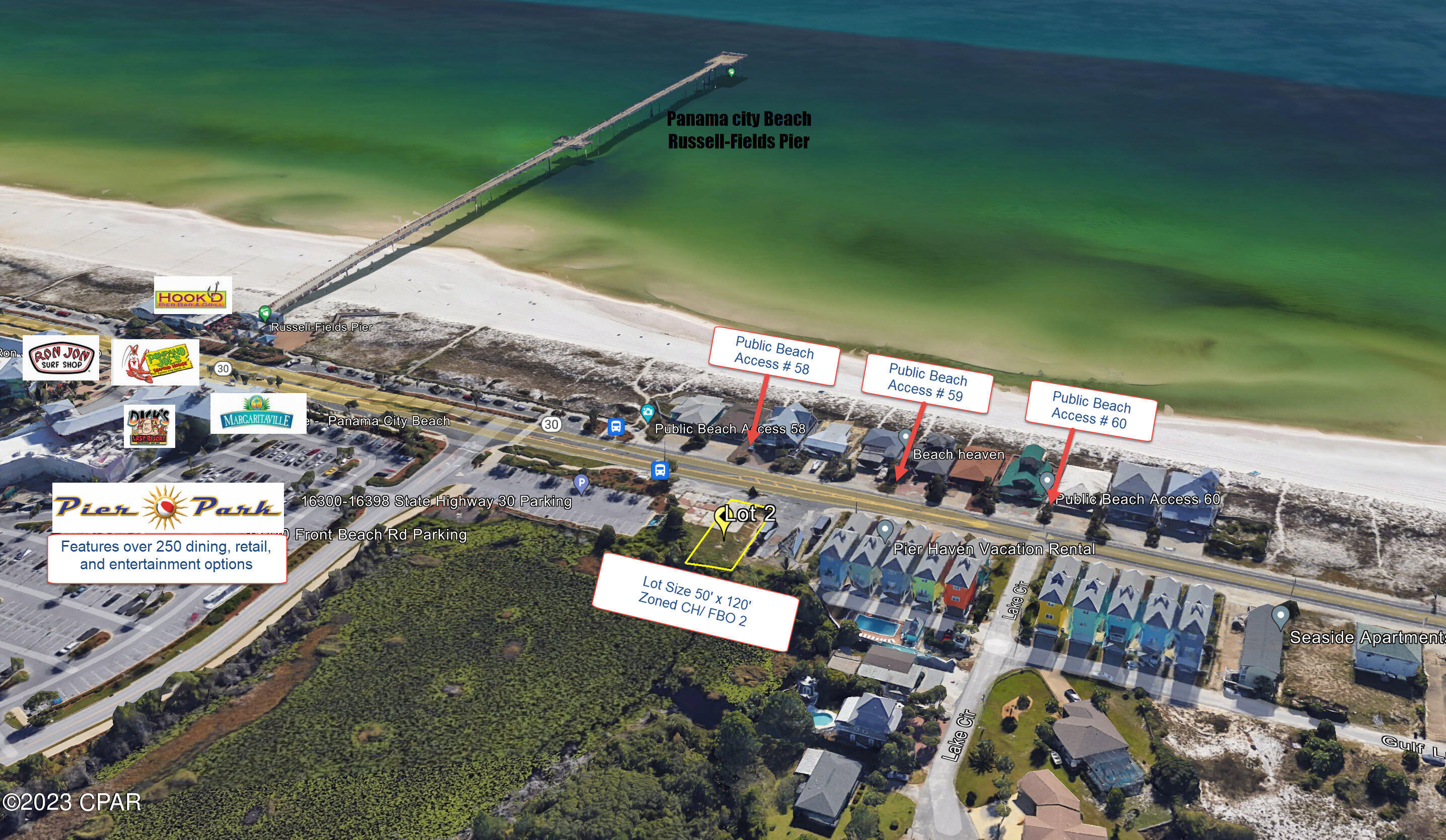 Nestled in the heart of Panama City Beach, FL, this versatile Gulf-view lakefront lot offers a unique blend of potential and location. Spanning 50 ft by 120 ft, it is strategically situated steps away from landmarks like Pier Park, City Pier, and the dedicated Dog Beach. The parcel promises captivating views of the Gulf waters, adding a touch of coastal charm to its appeal. Notably, the lot is zoned CH and is located within the FB0-2 overlay district of Panama City Beach. With easy beach access, being less than 100 ft via Access 59 or a mere 200 ft to Pier Park, its positioning is unparalleled. Whether you're considering a lucrative short-term rental establishment, a custom personal residence, or a select commercial endeavor, this lot's zoning and prime location make it a standout choice in the Panama City Beach area. In the realm of real estate, the value of a property is intricately tied to its location; this Gulf-view lot delivers not just on location, but on the promise of a dream nestled near the mesmerizing Gulf.