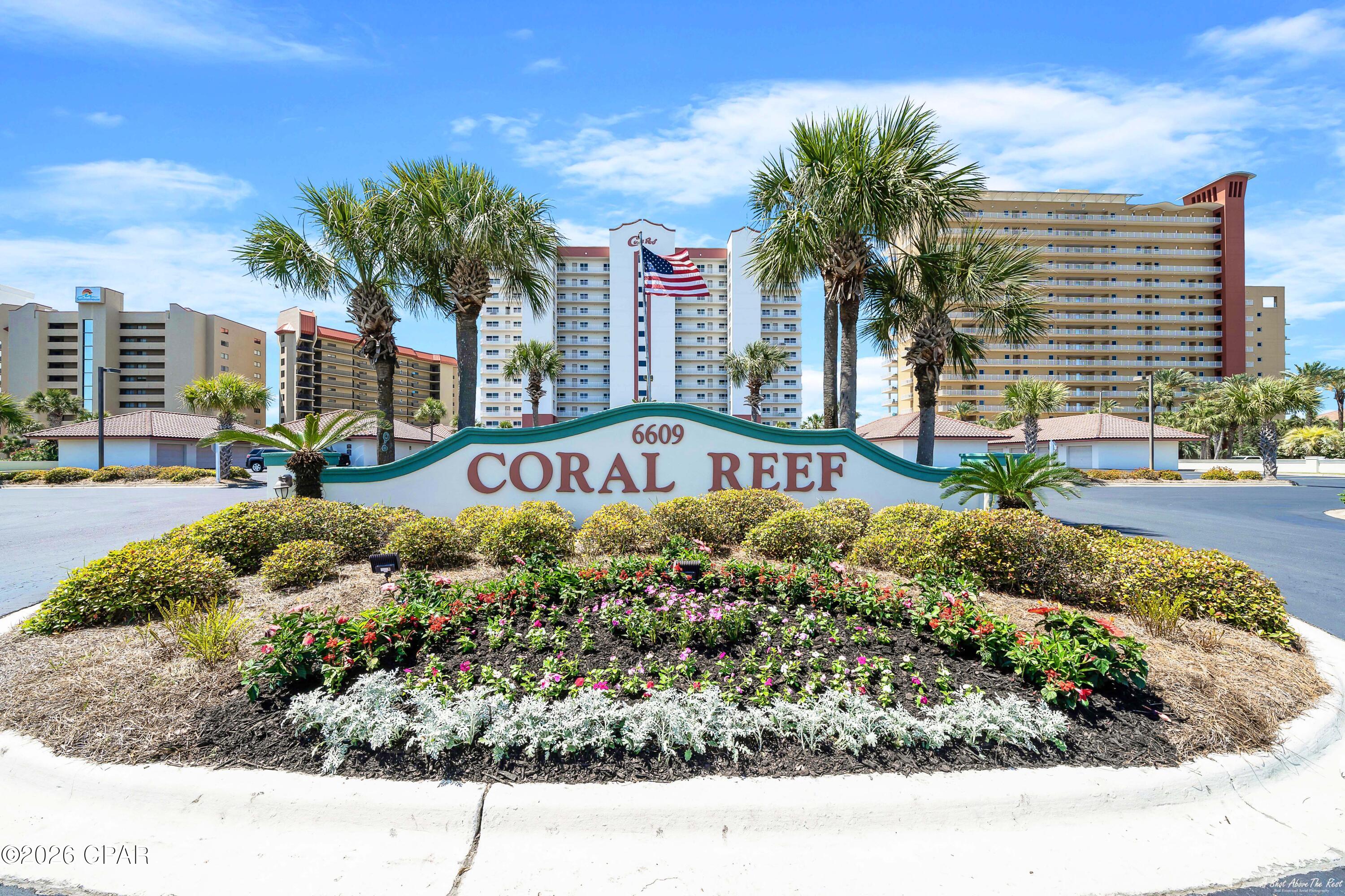 Coral Reef is a highly rated Gulf front complex where you KNOW you are in the right place the moment you arrive.  It is in a fantastic location on Thomas Drive, close to St Andrews State Park and several area marinas. Some of the best restaurants and grocery stores on the beach are within a 5-minute drive from your condo. You're lucky that a 2nd-floor unit with a fabulous view is now available in the 82 unit, 14-story building. The Master Bedroom is beachfront in this popular and roomy 2 Bedroom-2 Bath 1427 square foot ''split'' plan with 9 foot ceilings. With many upgrades, you will have access to your large private balcony, two pools, a lounge, a sunning area, a gazebo, a grilling area, and a gym. The sugar sand and emerald water is there for a wonderful backdrop before the orange sunsets appear. Don't let too many moons go by before you secure a wonderful investment for your future!  Being on the coast is a thrill, but owning at Coral Reef is EUPHORIA!  Grab the opportunity while it exists!  Inventory here is hard to find.