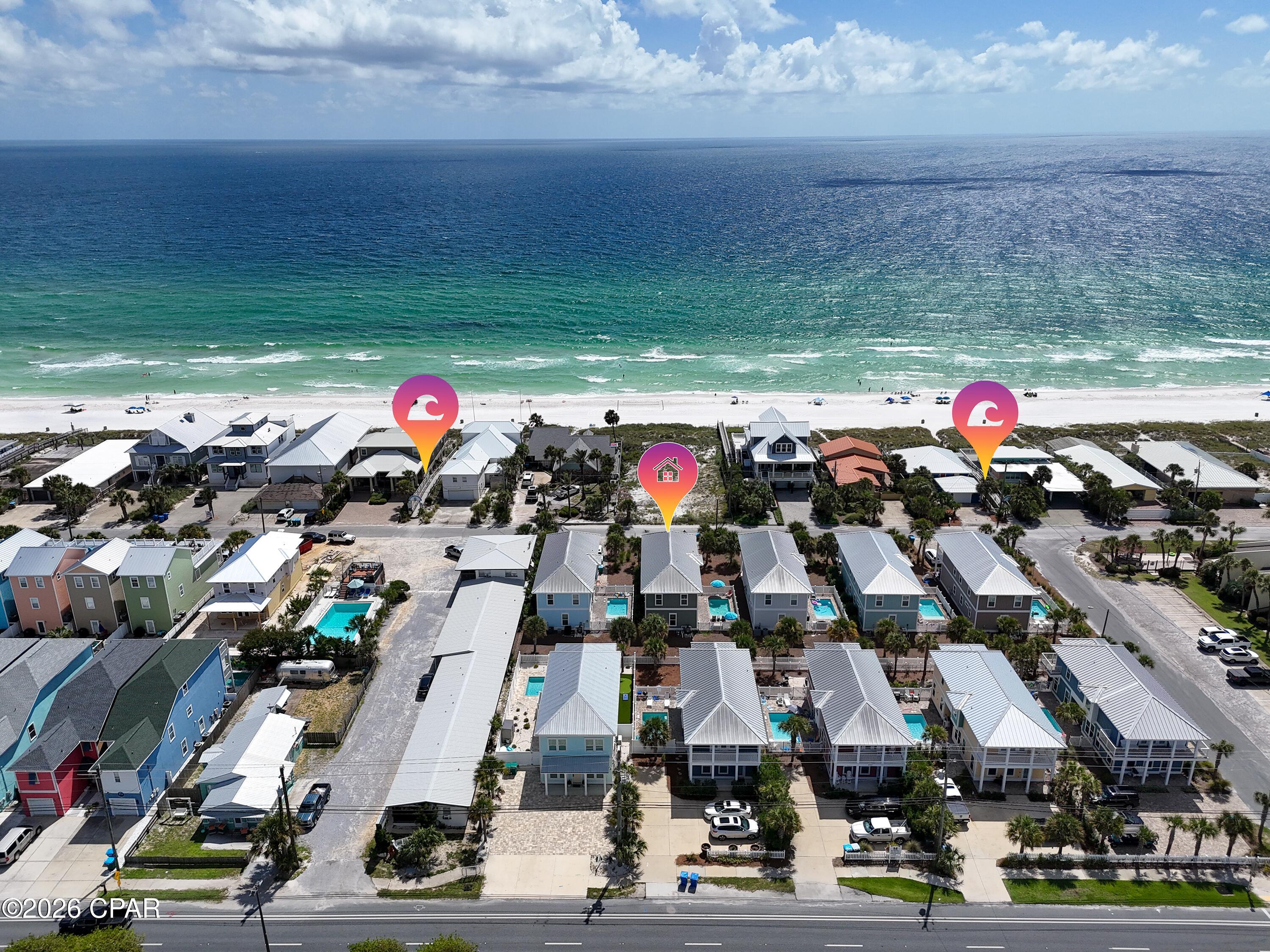 First time to hit the market, 4 bedroom(plus bunk room) RENTAL POWERHOUSE on the highly sought after East End. One home off the water on a stretch of beach not overrun with condos. Owners, investors and tourists/guests LOVE this area for that exact reason. Schooners is on Gulf Dr- a 6 min walk, St Andrews State Park is 1 mile away, and the some of the beach's very best restaurants are concentrated in this Lower Lagoon area. Not to mention the sandy white beach directly across from this home.

There's a King master ensuite on the first floor along with the kitchen, dining and living area, the laundry room and a half bathroom. Off of this is a door leading to an outdoor oasis. A heated optional pool with a lounge area and high top dining area. Upstairs is an additional Master King ensuite with a large balcony with views of the Gulf, 2 more bedrooms, bathroom and a bunkroom rounds out the upstairs area.

This home has a strong rental history and great reviews. It's being sold furnished. Its sister property, identical in layout, 2 doors down is listed for sale as well.