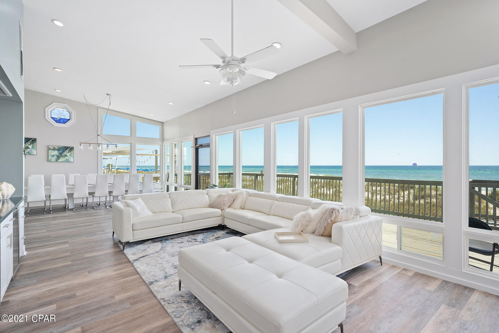 GULF FRONT COMPLETELY RENOVATED INSIDE & OUT!! 6 Bedrooms including 5 Master Suites and large bunk room that sleeps up to 12 - Rental ready to include furnishings - Turn Key property with projected rental income potential of 225K. Breathtaking views upon entering - rear of house boasts 50 feet of unobstructed views displaying the sugar white beach and emerald water of the Gulf Coast - enjoy sunrise and sunset from your large entertainment deck which spans the back of the house. Plenty of room for a pool - updated to include quartz countertops, stainless steel appliances, built in entertainment center, coffee bar, 2 mini fridges - CUSTOM quartz dining table for seating of up to 16. Seller willing to accommodate reasonable renovations with solid offer.