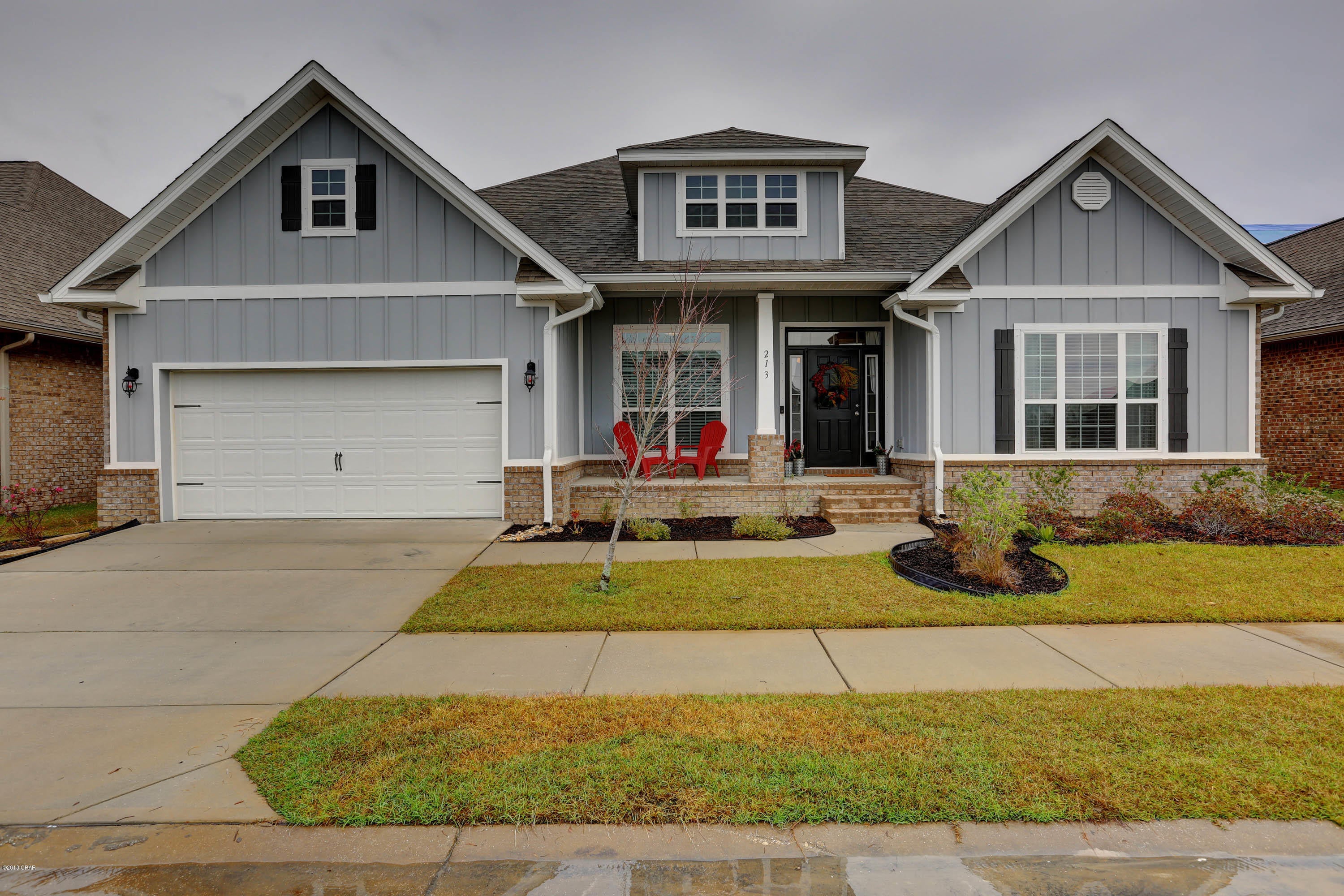 This stunning home is move in ready and in the perfect location.  Villages of Mill Bayou is centrally located off of Hwy 390 behind North Bay Haven Charter Academy.  This brick and hardie board home has 5 bedrooms and 3 baths.  The kitchen overlooks the living room for an open concept and there is an additional formal dining room and study in the home.  Extras in the home include stainless steel appliances, tile back splash, tray ceilings, tile floors, upgraded lighting, tiled master shower, blinds, fully fenced backyard, gutters,  reclaimed irrigation water, sprinkler system and an outdoor stone fire pit.  Villages of Mill Bayou has beautiful views of the bayou as well as a community pool and fire pit for your enjoyment.  Make your appointment to see this one today!