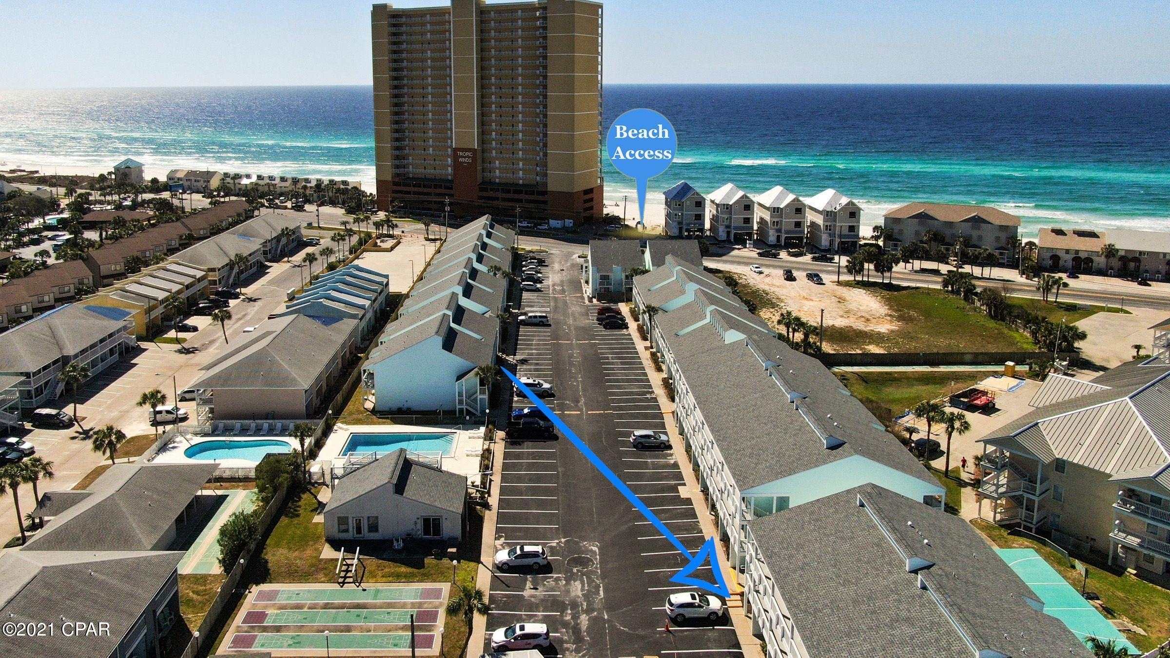 Fully Renovated Unit located in one of the most Family Friendly areas of our community, this small condo community with low HOA offers So many amenities from, heated pool, to tennis, to shuffle board, and Enjoy your very short walk to the  sugary sands of Panama City Beach and Beach Access #72 just steps from the unit This unit has been lived in by family but perfect if you're looking for that perfect investment or quaint get-a-way beach house/second home. This home is a complete remodel and comes FULLY FURNISHED! Everything is brand new! Appliances, kitchen and bathroom cabinets, LVP flooring,  New Bunks, New Roof, New Washer and Dryer and built ins in the closet for easy storage, and Unit has been newly painted inside and out, Come see for yourself and you'll fall in Love HOA provides Water, sewer, garbage and cable