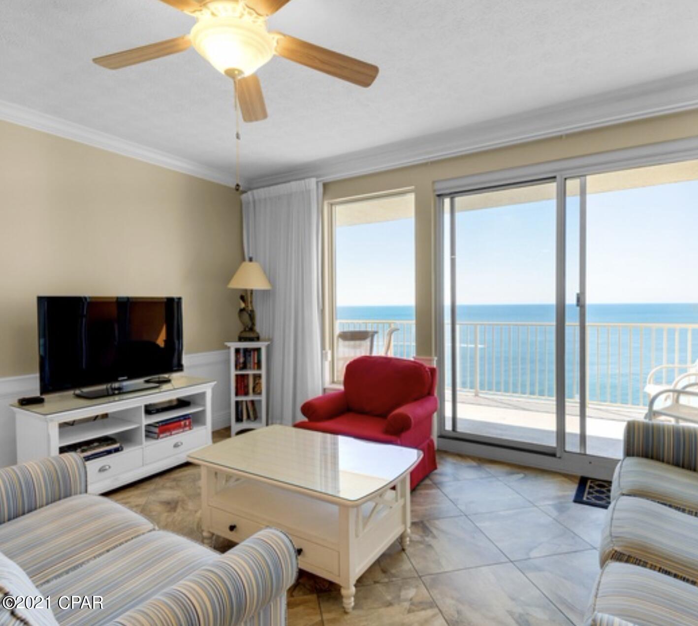 This on the much desired 12th floor.  Perhaps the best view on the beach. because of the orientation of the complex you can see the entire beach or watch the ships and fishing fleet as they enter the jetties. The complex is located near the Saint Andrews State Park and several fine restaurants and Schooners Beach Club. Thomas Drive is a four lane street with new pavement. All information is believed to be correct but should be verified by the Buyer