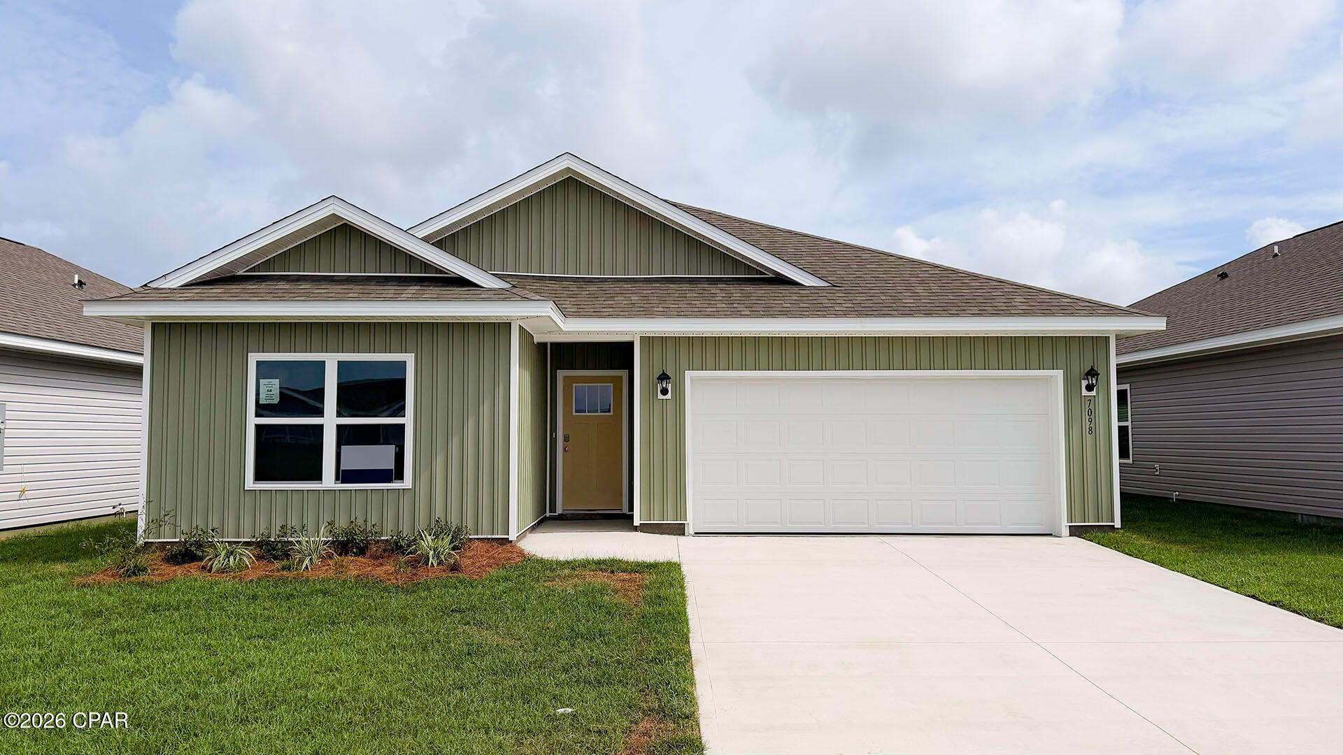 Welcome to the Creekside, a new home floor plan at Liberty in Panama City, Florida. The Creekside is a thoughtfully designed one-story home with a large open floor plan. This 5 bedroom, 3 bath home has 2,043 square feet of spacious, comfortable living. Inside the Creekside you will see 9' ceilings throughout, engineered vinyl plank flooring in the main areas of the home, and soft carpet in the bedrooms. Elegant granite countertops and white cabinetry in the kitchen and bathrooms make a stylish addition to the home. A spacious open living room, kitchen, and dining room make hosting your friends and family easy. The kitchen has a center island that is perfect for serving meals and the stainless-steel appliances include smooth top range, microwave, and dishwasher.
The primary bedroom suite is located in the rear of the home creating a split floorplan that features ample space for a king-sized bedroom suite. The bathroom features a granite double sink vanity and a walk-in shower. The walk-in closet is located within the bathroom and has all the space you need to get ready in the morning. The guest bathrooms feature a single vanity and a shower and tub combo. These homes come equipped with a Home is Connected® smart home technology package including QOLSYS IQ Panel, Skybell Doorbell, Kwikset Smartcode front door lock and DEAKO Smart Switches which allows you to control your home with your smart device while near or away.
On the exterior of the home, you will see durable vinyl siding on all sides as well as dimensional shingles with a 30-year warranty, and more. The large covered front porch is the perfect size for enjoying your morning coffee or reading your favorite book. Our Liberty community features underground utilities making it less susceptible to damage from severe weather leading to fewer outages and more reliable service. Residents of Liberty can enjoy exclusive access to two amenity centers, complete with two pools, a children's splash pad, two playgrounds for endless fun, a well-equipped fitness center, two pickleball courts and a basketball court to name a few things. Come and see why the Creekside is the perfect new home for you. Contact us today to find your new home at Liberty!