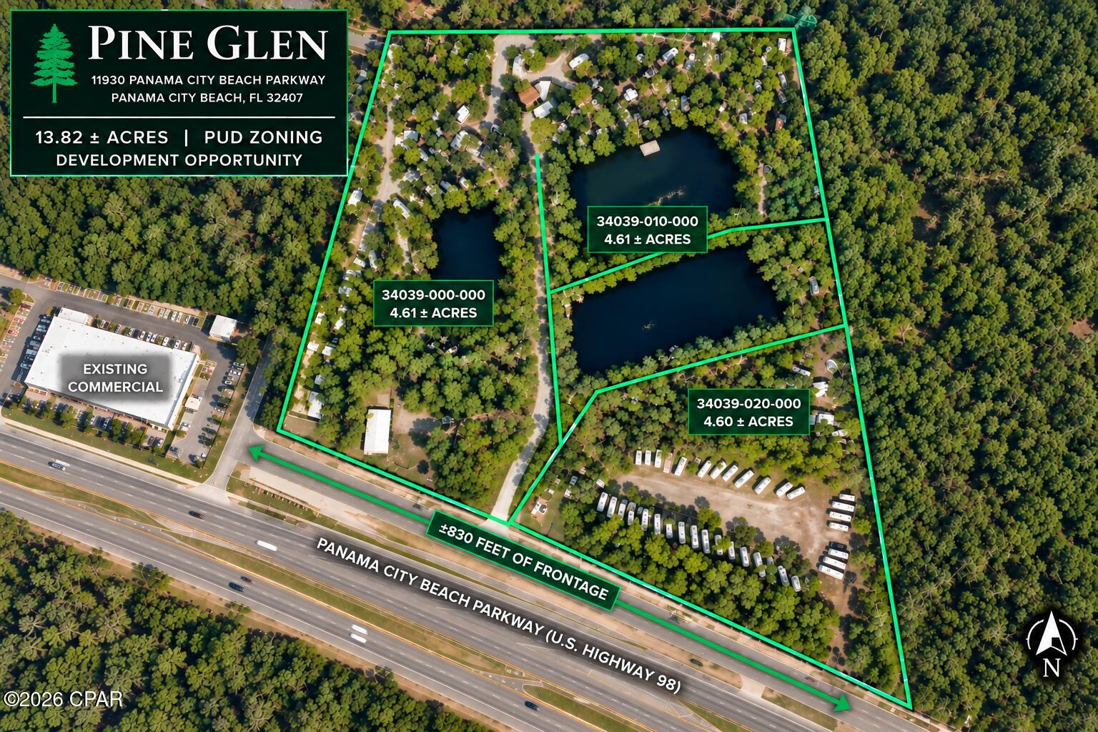 PRIME 13.82± ACRE PUD REDEVELOPMENT OPPORTUNITY on Panama City Beach Parkway/U.S. Hwy 98. Three contiguous parcels offer approximately 850 feet of high-visibility Parkway frontage with city water and sewer available/serving the site. Existing PUD zoning provides an opportunity to evaluate a comprehensive master-planned development incorporating potential commercial, multifamily, single-family residential and open-space components, subject to City approval. Three existing ponds may offer opportunities for integration into future stormwater/open-space design. Northern boundary adjoins St. Joe-owned property. Currently operated as Pine Glen RV Park with a positive cash flow but offered primarily for its underlying land and redevelopment potential. Buyer to verify all zoning, uses, utilities, access, stormwater and development potential.