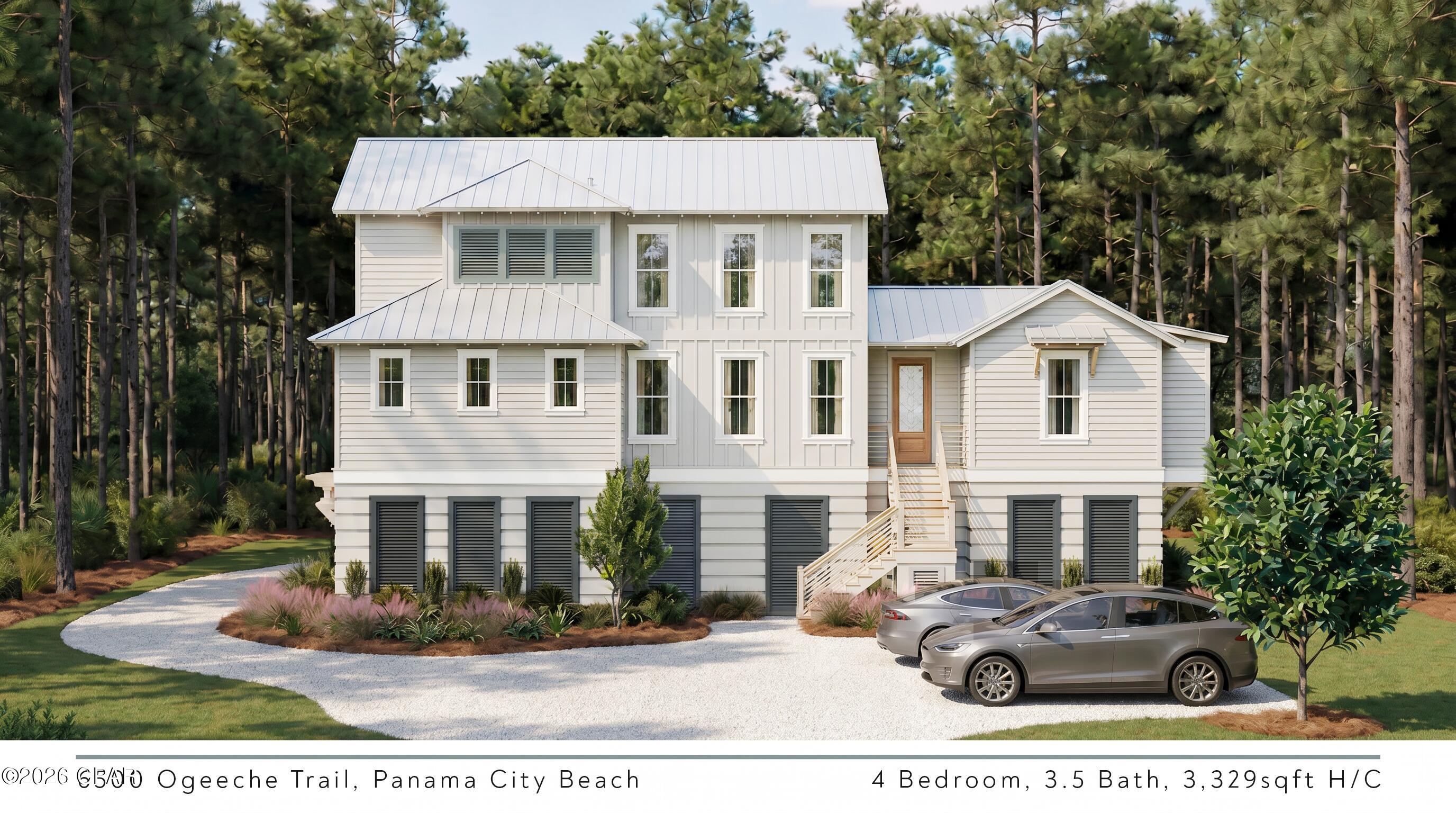 Imagine waking up in your modern, coastal organic new construction home in RiverCamps on a spacious 1.41-acre homesite. Tucked deep inside one of Panama City Beach's most coveted gated preserves, this brand-new 4-bedroom, 3.5-bath home, currently under construction by Guyson Construction, offers over 3,600 square feet of heated/cooled living space has been thoughtfully designed for the way you actually want to live, with room to gather yet still have the privacy you desire.

Set on a generous 1.41-acre wooded homesite, this home offers a summer kitchen, Florida room, 3-car garage, gym storage and flex space. The main level opens into a gallery room separating the primary suite retreat into a sprawling trayed ceiling great room, dining area, powder room, laundry room, mud room and a kitchen built for both everyday life and entertaining. You're going to love the walk-in pantry and the coffee bar in this home and also stepping outside to a 29' expansive screened porch overlooking the trees and the 16'x18' Florida room, your own private front-row seat to Florida's natural beauty. Love the indoor-outdoor experience? Enjoy dinners outside year-round with your summer kitchen! The primary suite offers a true retreat, with vaulted ceilings, expansive walk-in closet, and a spa-style bath featuring a freestanding soaking tub and an 11' walk-in shower.

Upstairs you'll find three additional bedrooms with two full baths and a loft area ideal for family or guests who desire their own space. The ground floor adds even more versatility, with a flex room and dedicated gym/storage space offering endless possibilities: home gym, workshop, golf cart parking, or hobby space. And attached 3-car garage is perfect for keeping your golf cart under cover and keeping your vehicles and toys protected and ready to go.

Outdoor living is front and center here, with a spacious 1.41-acre homesite perfect for evening gatherings under the trees, room for a future pool to add, if desired, and expansive outdoor living area and a layout designed to make the most of the lot's natural privacy buffer in RiverCamps.

Living in RiverCamps means trading rush hour for time on the water. This gated, 1,500-acre wildlife preserve community along Crooked Creek and West Bay in Northwest Florida is home to fewer than 450 homesites, with the majority of the land set aside for conservation. Residents enjoy access to the Riverhouse with a pool, fitness center, fireplace, games, and commercial-grade kitchen for hosting events, plus miles of walking and biking trails, complimentary boat storage, a community boat launch, private docks, a fishing area, remarkable playground, and pickleball and recreation courts. Kayak the creek, cast a line, watch the sunset from the dock, or simply enjoy the quiet of a true nature sanctuary. RiverCamps is where living really begins!

All of this sits just minutes from the sugar-white sand of Panama City Beach, Pier Park shopping and dining, and the Northwest Florida Beaches International Airport, giving you the best of both worlds: total seclusion when you want it, and total convenience when you need it.
Estimated completion for this stunning new construction home is late 2026. 

Schedule your private tour today of this new construction home and the community and watch your dream home come to life!