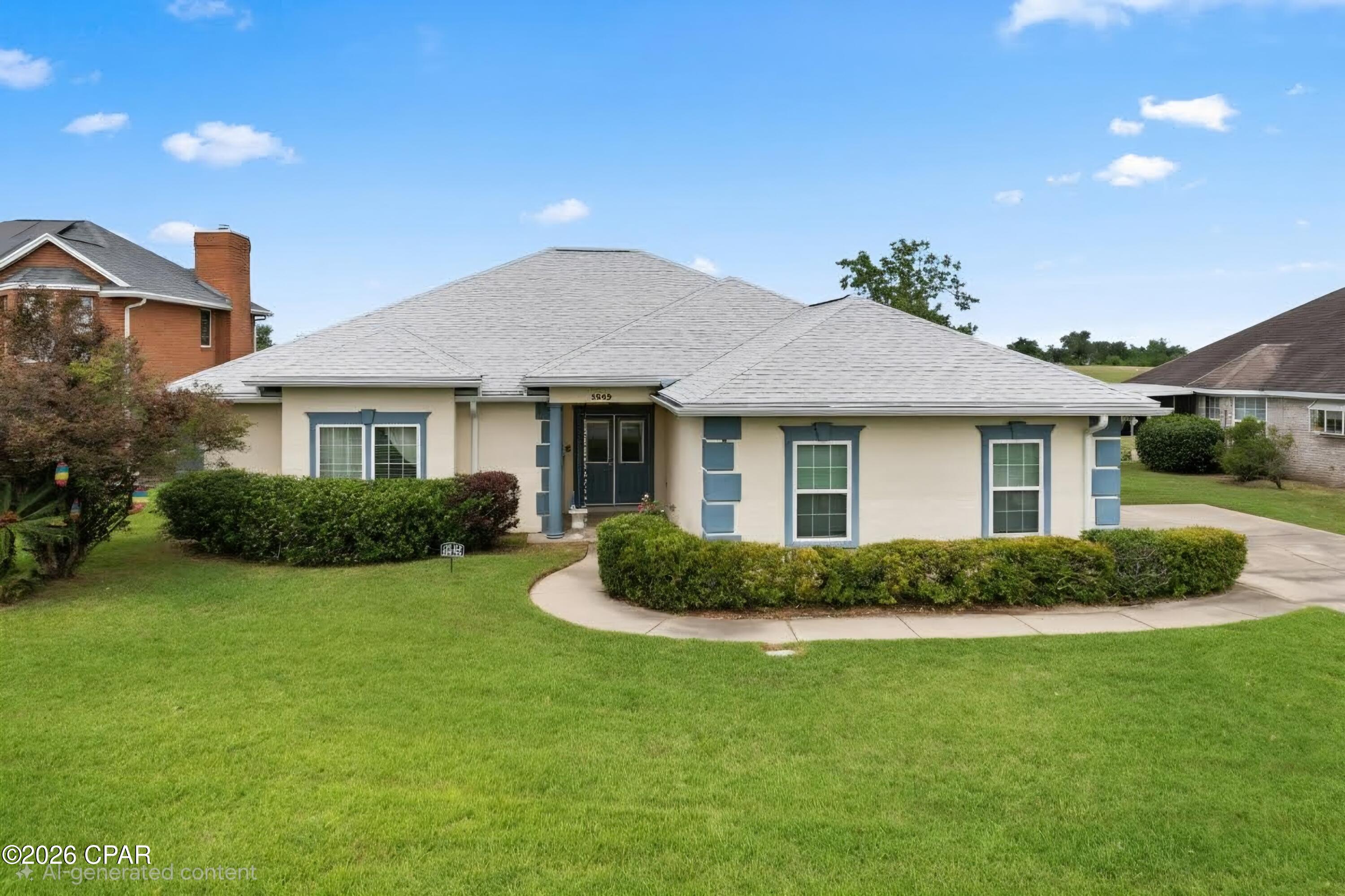 Available NOW! Welcome to this Lynn Haven traditional 4-bedroom, 2.5-bathroom home with a desirable split floor plan, perfectly positioned overlooking the 2nd tee box of Panama Country Club. As you enter through the double doors, you're welcomed into a bright and spacious living room featuring high ceilings, abundant natural light, and a cozy corner fireplace. Just off the main living area is a sunroom with beautiful views of the backyard, along with a formal dining area that flows into the kitchen. The kitchen is equipped with stainless steel appliances, a center island, and ample cabinet storage, plus sliding glass doors that provide easy access to the backyard, enclosed with a wrought iron fence. The primary suite is generously sized and located on one side of the home, offering a recently updated bathroom with double vanities, a soaking tub, and a separate shower. On the opposite side, you'll find three additional bedrooms and a full bath, providing privacy and flexibility for family or guests. Enjoy golf course living in a well-established community. Panama Country Club features an Donald Ross 18-hole course, along with optional membership amenities including a bayfront clubhouse, dining, fitness center, pickleball courts, and bayfront pool. Renter to verify any information deemed important.