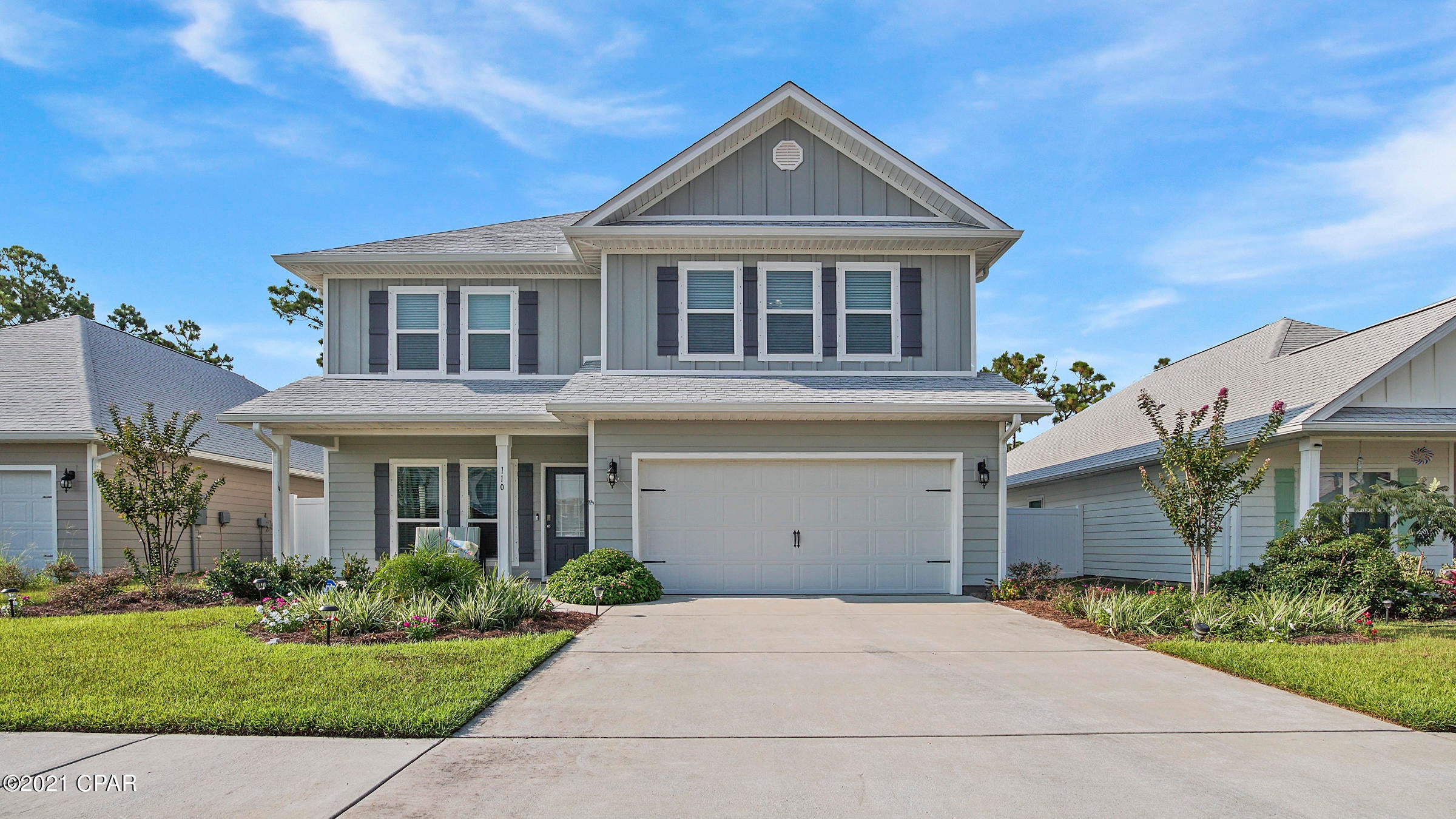 Welcome Home! As you walk into your beautiful 2020 home you are greeted with 9ft ceilings and open living space with shabby chic beach decor. The kitchen has granite countertops, stainless steel appliances and overlooks the dining and living room, This 4 bedroom, 3.5 bath is a perfect place to raise your family - Very close to the beach and centrally located between Pier Park and the east end marinas. Your 1st floor Master suite has a large walk in closet, stand alone shower and double vanity.  Enjoy your oversized family room, playroom or entertainment space upstairs plus 3 more bedrooms, 2 more baths and laundry room. Love the community pool which is located near your home. Smart Home package includes a Skybell doorbell, Kwikset Keyless Entry, Echo Dot device and a Qolsys touch panel.