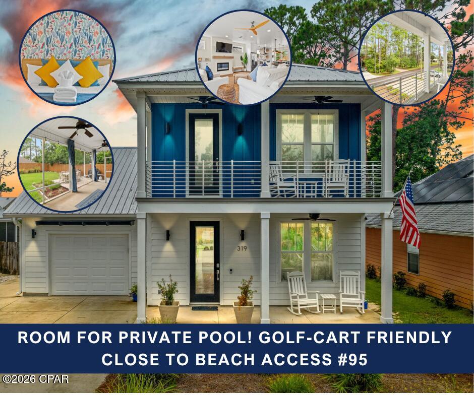 YES, you can have it ALL!

This beautiful beach house is ready to be your next primary residence or investment property.  Located on the quiet west end of PCB in a golf-cart friendly community, it's just a short walk to beach access #95.

HIGHLIGHTS INCLUDE:
--Furnished in beautiful, beachy tones 
--Sold turnkey and ready to rent or enjoy
--Room for a private pool in the back (septic conveniently located)
--One-car garage is perfect for storage, or convert to a game room for a fun hangout spot
--The open floor plan has modern lighting, roller shades, and electric fireplace
--Fabulous tongue and groove wooden ceiling detail downstairs
--Kitchen features Whirlpool appliances
--Dining room table seats 6 plus 3 more at the bar
--Living room comfortably seats 8 
--One bedroom and full bath downstairs is great for accessibility
--Upstairs master has cute wallpaper, an en-suite bath with gorgeous iridescent tile, desk space, and its own balcony
--Attic space has been transformed into a 4th bedroom with reading/TV space
--Utility includes full sized Maytag washer and dryer (all appliances convey with sale!)
--The screened-in porch has two ceiling fans for all-season enjoyment
--Outdoor shed has a metal roof and roll-up door
--Polywood dining table outside seats 6 
--Owners closets upstairs and down make it easy to stock for guests and renters
--INSURANCE BONUS: Hurricane panels provided (located in garage and shed)

Come see this beauty today!  Easy to show through October 7.