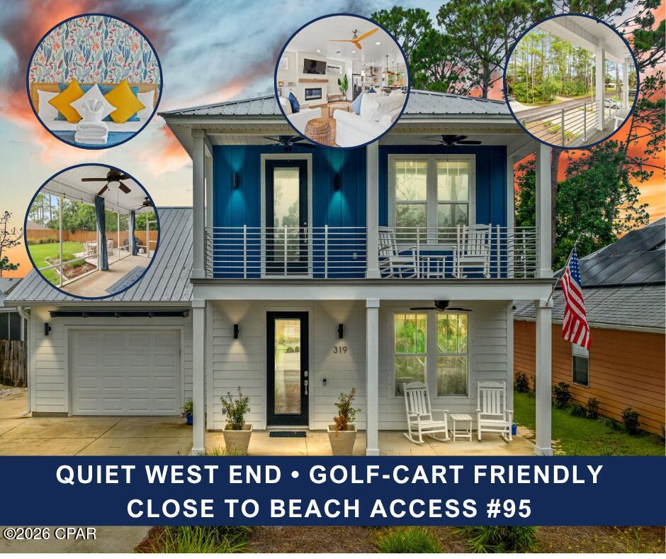 YES, you can have it ALL!

This beautiful beach house is ready to be your next primary residence or investment property.  Located on the quiet west end of PCB in a golf-cart friendly community, it's just a short walk to beach access #95.

HIGHLIGHTS INCLUDE:
--Furnished in beautiful, beachy tones 
--Sold turnkey and ready to rent or enjoy
--One-car garage is perfect for storage, or convert to a game room for a fun hangout spot
--The open floor plan has modern lighting, roller shades, and electric fireplace
--Fabulous tongue and groove wooden ceiling detail downstairs
--Kitchen features Whirlpool appliances
--Dining room table seats 6 plus 3 more at the bar
--Living room comfortably seats 8 
--One bedroom and full bath downstairs is great for accessibility
--Upstairs master has cute wallpaper, an en-suite bath with gorgeous iridescent tile, desk space, and its own balcony
--Attic space has been transformed into a 4th bedroom with reading/TV space
--Utility includes full sized Maytag washer and dryer (all appliances convey with sale!)
--The screened-in porch has two ceiling fans for all-season enjoyment
--Outdoor shed has a metal roof and roll-up door
--Polywood dining table outside seats 6 
--Owners closets upstairs and down make it easy to stock for guests and renters
--INSURANCE BONUS: Hurricane panels provided (located in garage and shed)

Come see this beauty today!  Easy to show through October 7.