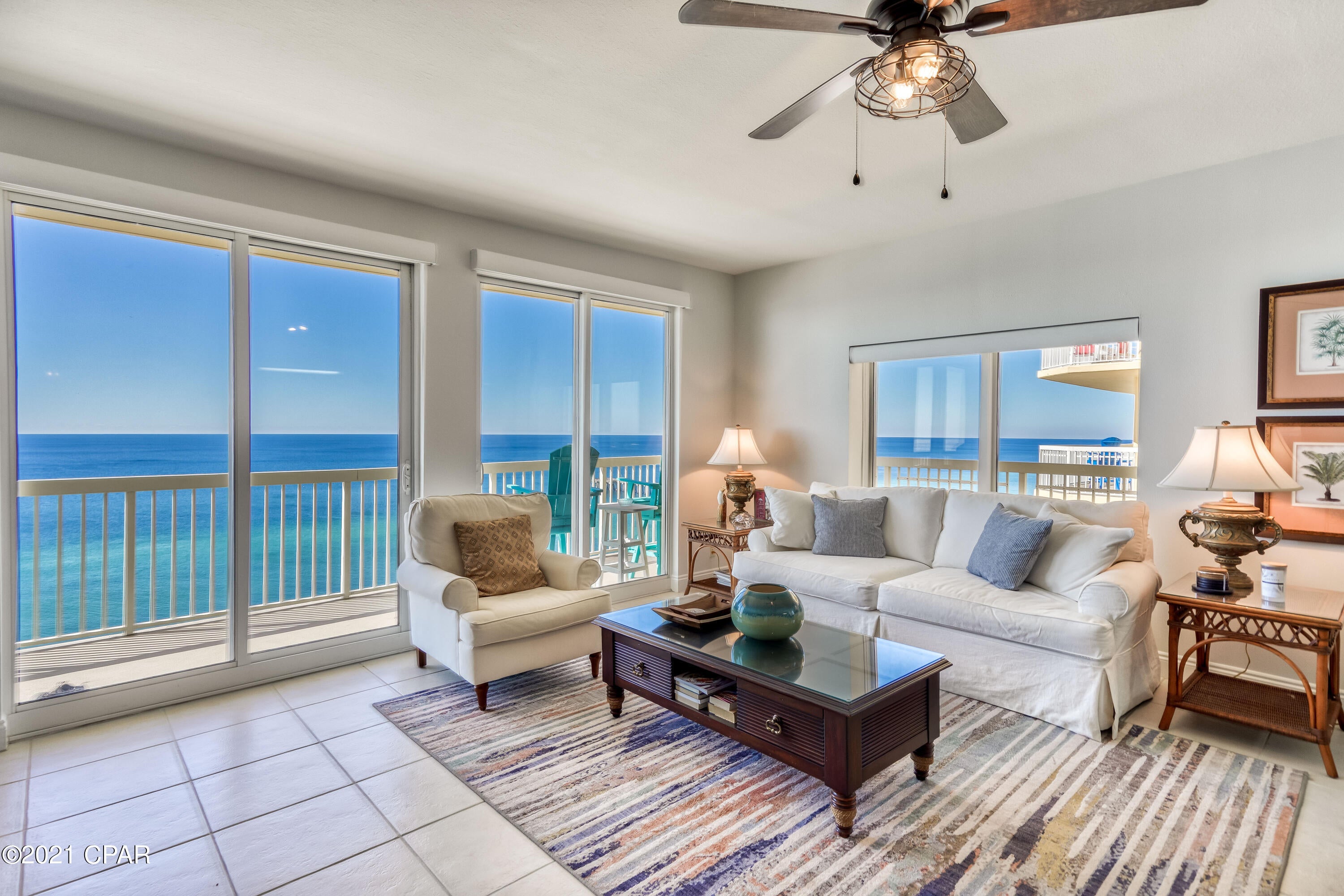 Calypso Beach Resort is the most well known beach front development in a Panama City Beach with a perfect location adjacent to the Pier Park Shopping District. Calypso 1609 is a true corner condo that boasts many upgrades including a remodeled bathroom, tile throughout, stainless appliances, two toned painted cabinets (light grey on the bottom and white up top), backsplash, updated fans and lighting, new plantation shutters and window treatments, full laundry room, wraparound corner balcony and additional side windows with the corner orientation. Condos like this are rarely available with such minimal wear and tear. The master bedroom offers balcony access and a large en-suite bath that boasts a stand alone shower, separate tub, upgraded lighting and large walk-in closet. This condo is a special opportunity for anyone looking for a two bedroom beach front. This property offers something for everyone with enough space for someone looking for a true primary or second home as well as incredible rental potential for the savvy investor. Calypso Resort's exceptional amenities include two beachfront resort style pools and a tiki bar, a dedicated beach, on-site fitness facilities, and an enclosed walkover to the parking garage. You're also a short walk to Pier Park and all its attractions, the Sky Wheel, dining and shopping!