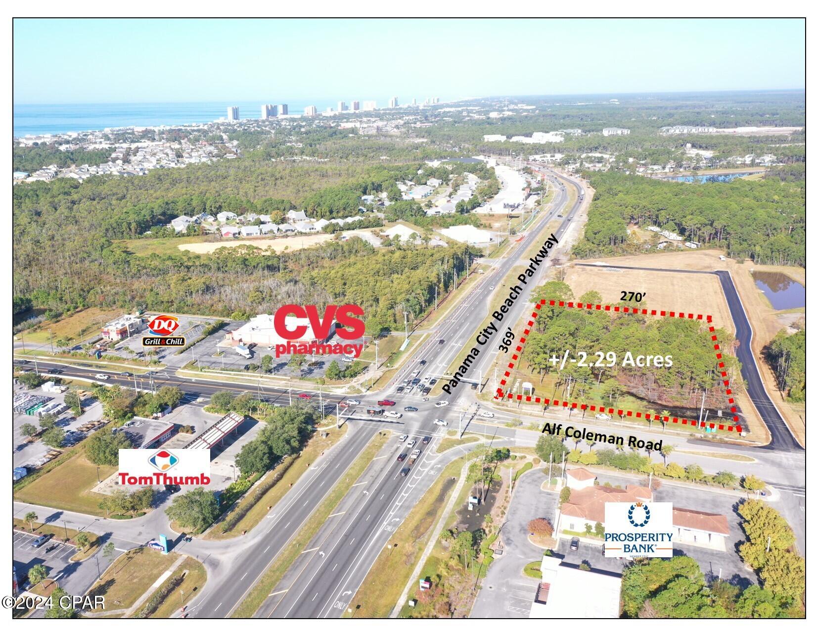 Back on the market. The buyer's tenant backed out of the lease two days prior to closing, as the tenant prefers to purchase. The best corner location available in Panama City Beach and Bay County. Located at the northwest corner of Panama City Beach Parkway and Alf Coleman Road. Signalized intersection. New access road to new retailers to the west that include Panera Bread, McDonald's, Take 5, and All-In Credit Union. The +/-2.116 Acre site measures approximately 369 feet of frontage by 270 feet deep. The site measurements will be confirmed upon receipt of the survey.  The average daily traffic count is 52,000. Zoned Commercial High Intensity (CH) within the City limits of Panama City Beach. There is a tremendous amount of interest in the property already. Woodlawn Church will retain a sign easement on the property for the existing Woodlawn Church sign. New ALTA survey attached.