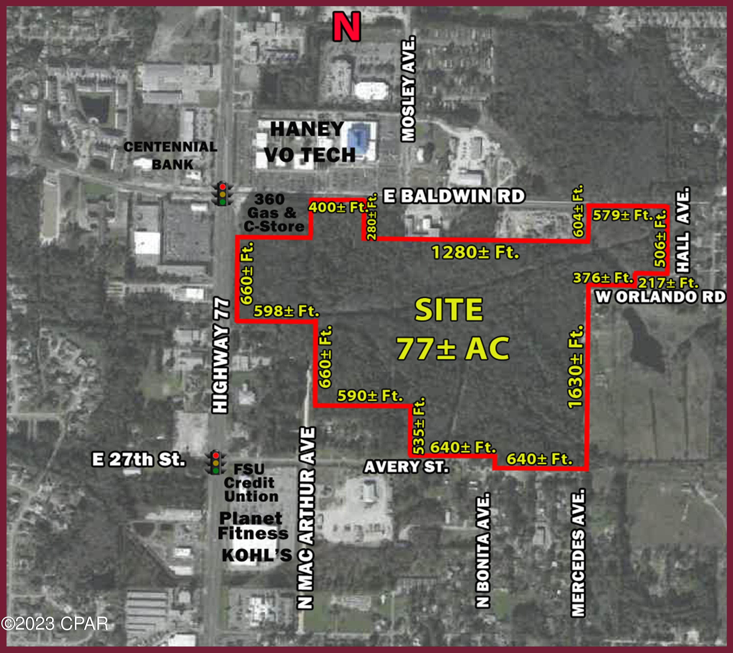 The very best commercial site in Panama City is now available for purchase. This 77± acre tract - WILL DIVIDE - is located at and around the southeast corner of Highway 77 and Baldwin Rd between the new 360 Gas + C-store and Tonya's Garden, and adjacent to 360 on Baldwin Road. The opportunities are endless for a property with this size and location. Being near the middle of ALL commercial activity in Panama City and Lynn Haven makes this site worthy of your serious consideration. Two median cuts on Highway 77. Excellent location for a commercial development and multifamily on the rear.