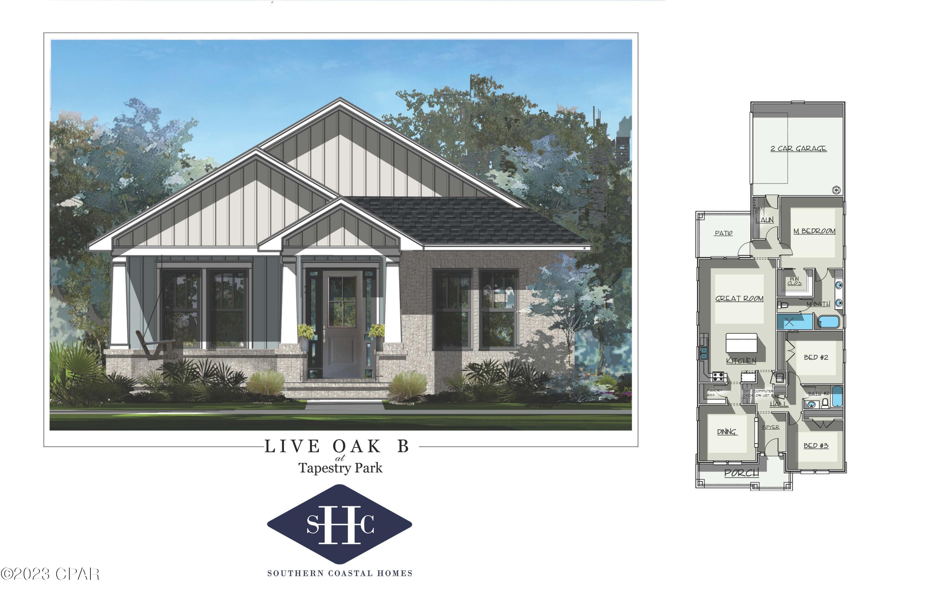 NEW CONSTRUCTION offered in the brand new Tapestry Park Phase III in Panama City Beach built by Southern Coastal Homes-2 blocks to the beaches of the Gulf of Mexico and beach access #43, close to shopping and dining, and the famous Pier Park. Homeowners have access to Phase III pool, lighted sidewalks and green spaces as well as access to tennis courts. basketball courts, club house and community pool of subsequent community phases. This 3/2 LIVE OAK floorplan is a brand new Southern Contemporary design with old Florida charm and coveted new technology and upgrades.  INTERIOR features grand foyer, large volume Great Room and separate dining room with trey ceiling, mud room at rear entrance, kitchen with center island, custom cabinetry, corner pantry, and stainless steel appliances. The Master Suite has a beautiful tray ceiling, expansive tiled shower, double vanity and walk-in closet. The split bedroom floorplan also has two additional well-appointed bedrooms with lots of natural light and storage.
EXTERIOR features of this home includes Hardie siding with beautiful brick, front rocking porch, 8 ft doors, rear garage with rear covered patio and paver accents.
Home includes smart lock, energy efficient appliances and has been expertly designed by our design team. 
*Design board elements subject to change based on availability and without notice.*