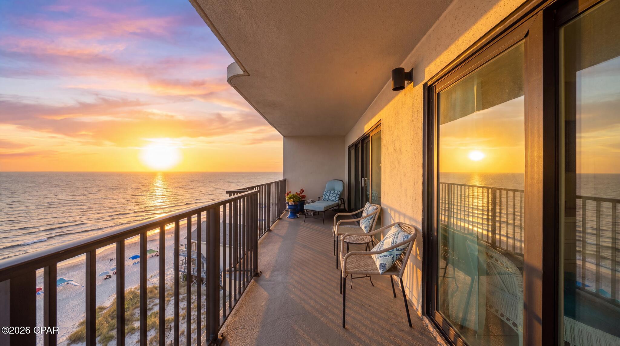 CURRENTLY UNDER CONTRACT!! SELLER WILL CONSIDER BACKUP OFFERS!! Gulf-front living awaits in this stunning 2-bedroom, 2-bath residence on the 8th floor, showcasing sweeping emerald-water views from an expansive private balcony. Ideally located next to Patches Pub & Grill and just moments from St. Andrews State Park, marinas, waterfront dining, and Pier Park, this fully furnished coastal retreat features two spacious suites, a Gulf-front primary bedroom with balcony access, granite countertops, white shaker cabinetry, tile flooring throughout, updated finishes, a recently updated A/C, and rare private storage. Over the past several years, The Commodore has undergone extensive community improvements, including new windows, doors, water heaters, air conditioning systems, and pool enhancements. Residents enjoy two pools (one heated), a kiddie pool, whirlpool spa, BBQ grills, pickleball court, basketball court, a covered picnic area, and 24-hour gated security. With short-term rentals allowed, this turnkey residence is an exceptional opportunity for a primary home, vacation getaway, or investment property.