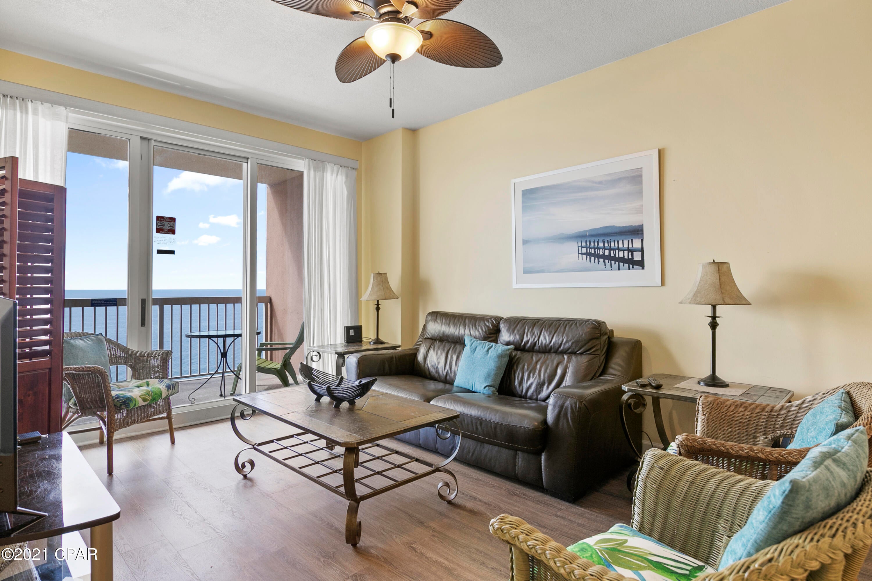 Sunrise Beach unit 2204 has the PRIME location in the deluxe 25-story Gulf front complex, offering endless views of the Emerald Coast. Open floorplan allows for fabulous Gulf and sunset views from balcony, living room, dining room, kitchen, & master suite providing the ultimate alfresco living and entertaining environment! Tastefully decorated and will convey fully furnished and rental ready. The fully equipped kitchen has new stainless appliances, beautiful granite countertops, & ample breakfast bar. Master bedroom is Gulf front with balcony access. On-suite master bathroom features tile floors, double vanity, large garden tub & shower combo. Kitchen, dining, and living area have huge gulf views. Guest bedroom and bonus bunk room are larger than most. Generous balcony is accessed through large glass sliders from both the living area and master bedroom. This property is well maintained with hard surface flooring throughout and beautifully furnished. New HVAC in 2020. EXCELLENT RENTAL INCOME POTENTIAL (sleeps 9). Enjoy the good life at Sunrise Beach! Sunrise has two pools and two hot tubs. One of the outdoor pools is heated in the winter, so you can swim year round. FOUR HIGH-SPEED ELEVATORS serve 221 condos which is one of the best ratio of elevator/condo on the beach. Also, PARKING IS UNDER THE BUILDING, no long walk-over every time you park. Centrally located very close to Pier Park and all the dining and entertainment PCB is famous for including spas, shopping, golf, fishing and more! Sunrise Beach has amazing amenities, including: 346 feet on the Gulf of Mexico, Gulf front exercise room, covered parking in garage under the building (you don't have walk across the street), 2 Gulf front swimming pools, 2 Gulf front spas, children's water play area, BBQ area with gas grills and more!