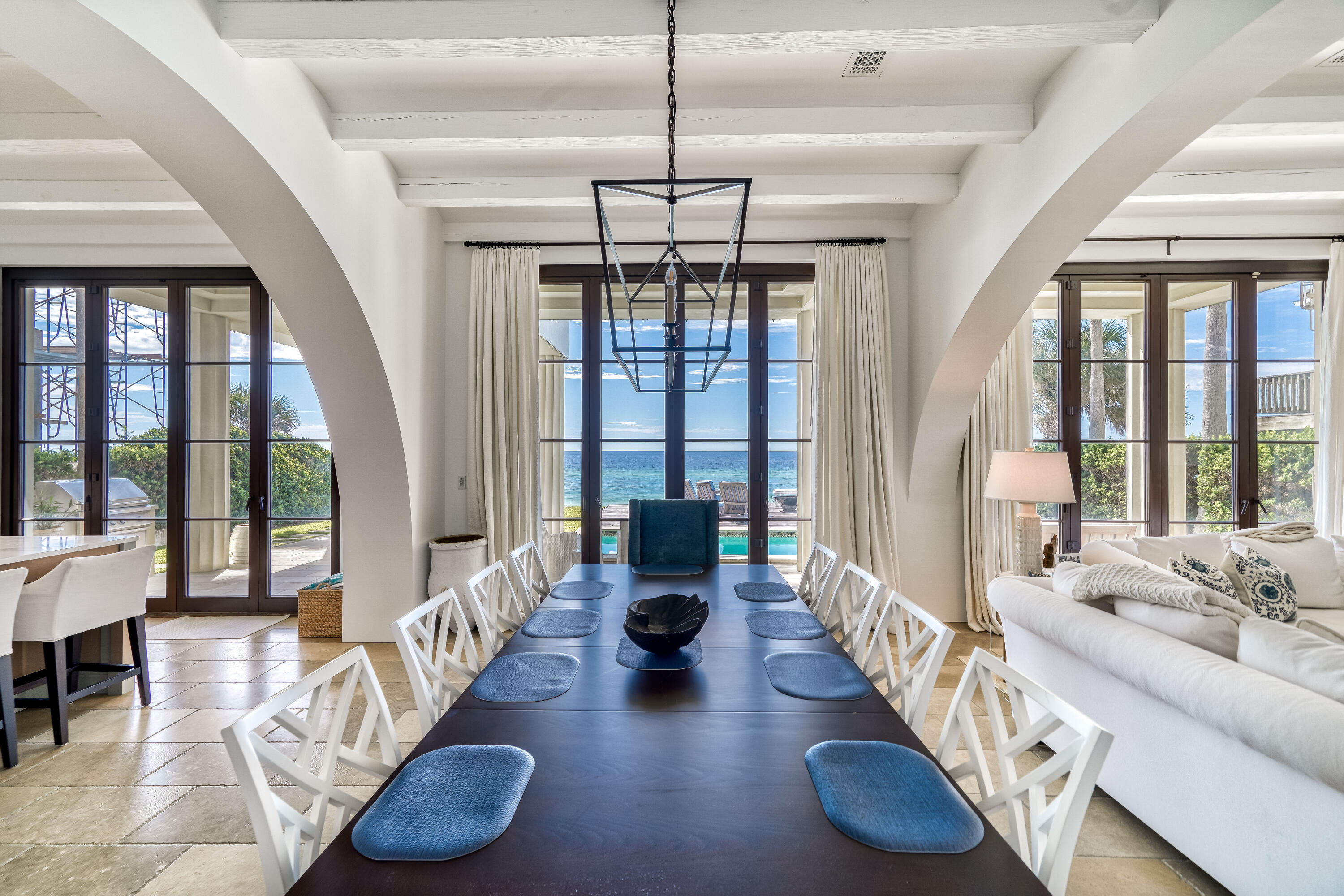 Exceptional architectural and design curated by renowned Atlanta architect, Summerour and Associates, this stunning 4,446 square foot home boasts 70 feet of private Gulf frontage and is located in the heart of Seagrove Beach just a few blocks east of Seaside. The home features exquisite detail and finishes such as Italian stone floors, pecky cypress doors and an elegant custom-made staircase. This luxurious coastal property features 4 spacious bedrooms each with ensuite bathrooms, 2 additional half baths and a laundry room on both floors. The master bedroom offers unobstructed Gulf views, private study, roof terrace, and lavish master bathroom with walk-in closet and dressing area. Gourmet chef's kitchen is complete with marble countertops, custom cabinets and a commercial stove. Outdoor oasis features a private beachfront pool and spa, both covered and open outdoor areas with plenty of room to lounge, an outdoor cooking area and shower. Home comes with a state of the art Audio Visual system including Control 4 and each room has its own heating/air thermostat control. The home has not been rented and the study could be converted to a 5th bedroom.