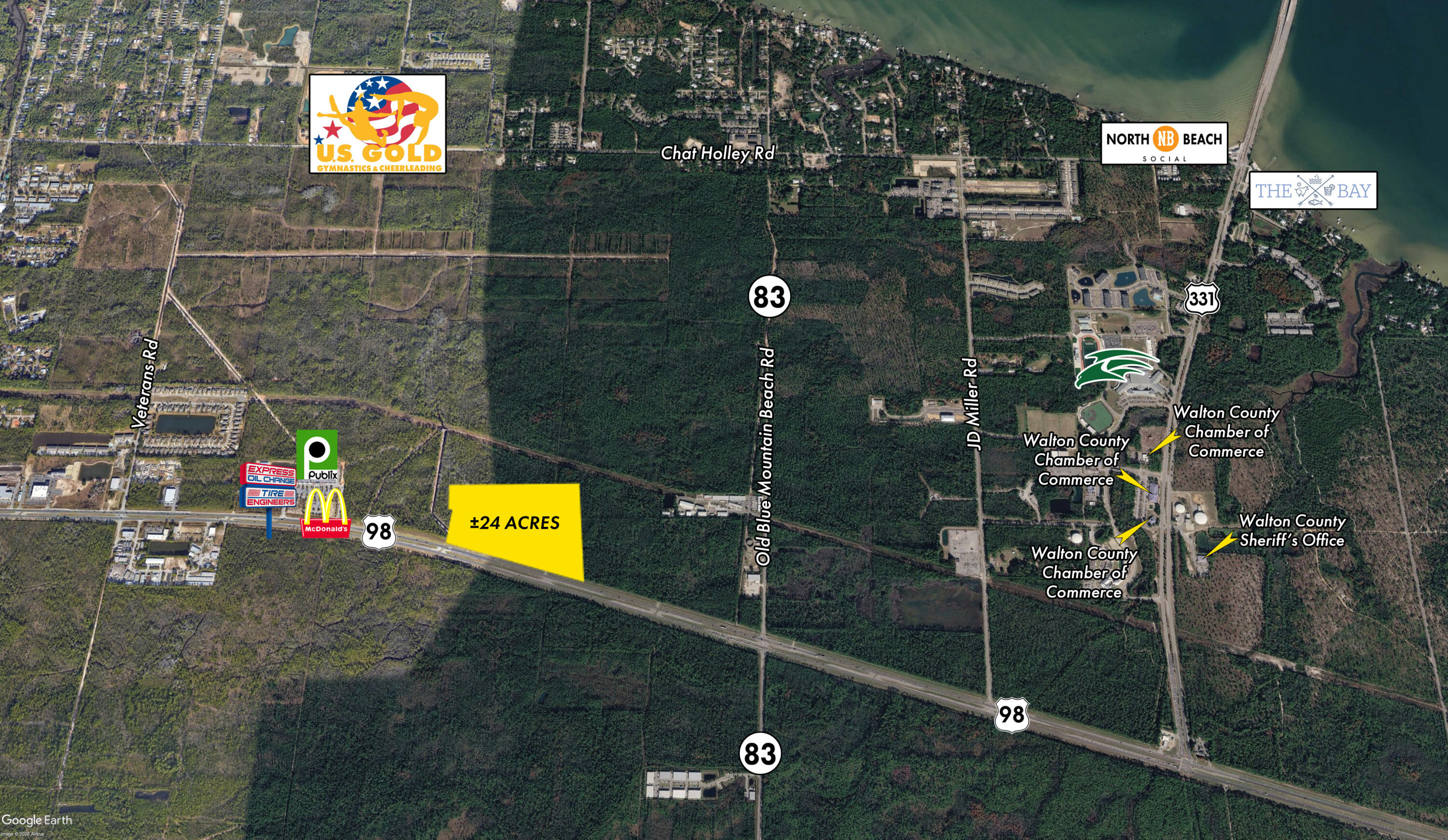 EXTREMELY RARE NEW DEVELOPMENT OPPORTUNITY in the very scarce and flourishing market of Santa Rosa Beach, Florida! An opportunity to acquire 24.46 prime contiguous acres in South Walton County is virtually non-existent, as most of the remaining larger tracts of undeveloped land Eastward from this assemblage of (3) contiguous parcels, all the way to Bay County, is vast State Forest and Parkland. Expanding 1,284 feet along Highway 98, this site also contains a median crosscut. An Active Development Order for (240)-units of multi-family apartments has been recently issued by Walton County, yet additional development uses could include a Campus for various Levels of Elderly Care, Big Box Retail with Outparcels (i.e.-Home Depot, Lowe's, Target, Wal-Mart, etc...), which would... likely require only a 'Less than Minor Development Order' or 'Minor Development Order' to crossover from apartments to a mixed-use retail venue or elderly care campus.  The land use and zoning is the most preferred in the local development community, known as V.M.U. (Village Mixed Use).  The active development order for apartments involves a site plan accommodating (454)-car parking spaces with an additional (9)-handicap spaces.  Please inquire for further details.