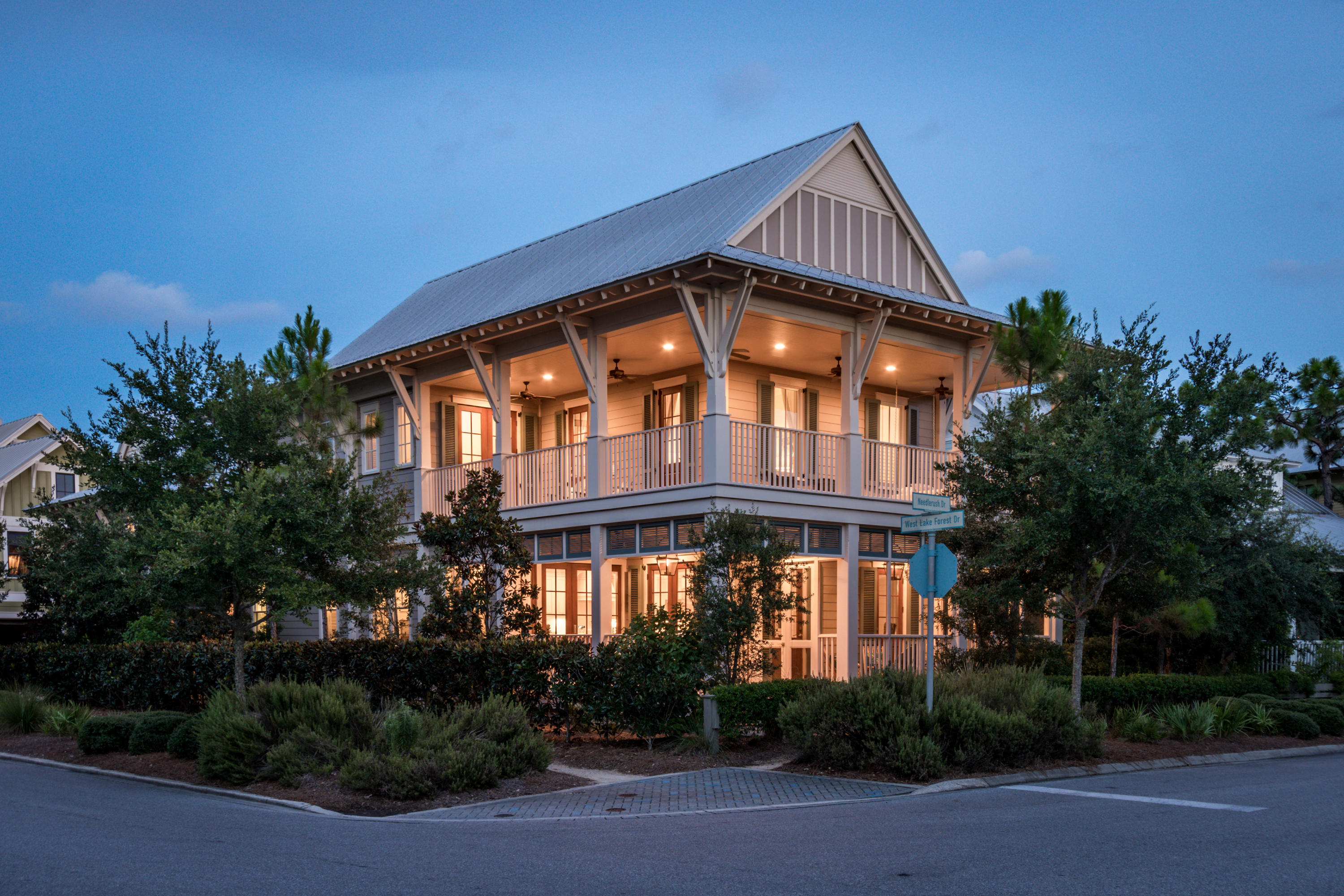 Exceptional T.S. Adams designed beach home located in the highly desirable Lake District of Watercolor. This immaculate 5 bedroom, 6 bath home has never been rented and is being offered fully furnished and turn key! This home has multiple master suites, can easily accommodate large families and is perfect for entertaining guests! Descriminating buyers will appreciate the open concept layout that flows seamlessly into the amazing outdoor spaces. Large wrap around porches on both levels of the home and a beautiful courtyard space with a private, heated dipping pool encourage a casual outdoor lifestyle. Conveniently located just one block from the very popular Sand Hill Park & Frog Pool! Numerous upgrades and custom features throughout the home including wire brush distressed oak floors, tiled baths, frameless glass shower doors, Viking 6 burner gas range, carrara marble countertops and a custom gas fireplace surround featuring silver, amber and nautilus shell accents. Custom, built in bunks are located just off the second floor landing and allow the kids in the family to enjoy their own personal gathering space. The rear courtyard features peacock pavers, a summer kitchen, outdoor shower, gas fire pit and ample seating around the private, heated and jetted dipping pool. The carriage apartment located above the garage serves as additional flex space and includes a fully equipped kitchen, a cozy living area, a separate bedroom and a full bath with a washer & dryer!  This home is an ideal family beach retreat that could also be utilized as an income producing vacation rental property.  Contact us today for more information and to arrange a private showing!