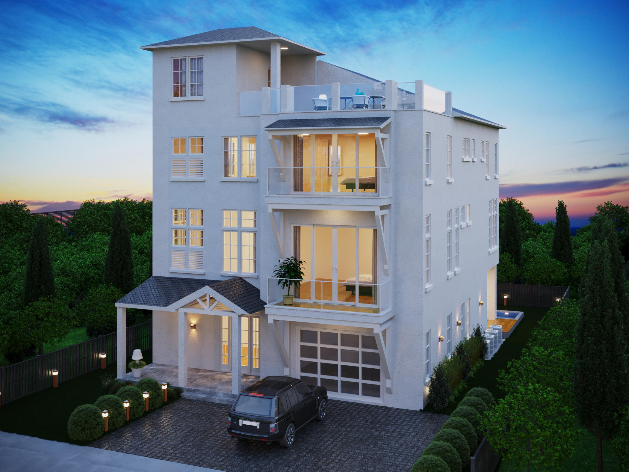 This brand new construction modern coastal home offers exemplary living within the sought after community of Elysee on 30A. Located between Alys and Rosemary Beach on the Southside of 30A, this private gated community includes only 19 exclusive homes. The home was beautifully designed to offer an array of opportunities as a coastal dream home or a lucrative rental property.  The stunning panoramic gulf views that can be seen from the spacious rooftop terrace, make this home truly unique. The terrace is lined with glass paneling to create unobstructed ocean views.  Complete with 5,904 square feet, 6 bedrooms, 5 full baths, and 2 half baths, this new home has an abundance of entertainment and living space. Step into the first floor to a large open entryway that leads into a multi-media/game room, a fully equipped guest room, 1 full bath, 1 powder room, and a laundry room. Located off of the main floor is a beautiful additional outdoor entertaining space with an outdoor grilling area, private pool, and a spacious covered seating area. This first floor living space is ideal for guests to have their own private oasis or for kids to enjoy their own additional area. 
Walk up to the second level of the property to find a beautifully crafted open concept floor plan with an elegant kitchen, including top of the line stainless steel appliances, sleek marble countertops, walk-in pantry, powder room, and a large waterfall island ideal for entertaining.  A fireplace  is situated in the middle of the living room to add to the overall ambiance to the space.  A large bedroom is also conveniently located on the main living floor, followed by a walkin closet, and a spacious bath with double vanity.
The third floor boasts the master bedroom, additional guest bedroom, owner's office, and personal gym.  The master suite includes a wet bar/coffee bar, grand ensuite master bath with freestanding soaking tub, his-and-her vanities, walk-in shower, and spacious walk-in closet. 
The most impressive and exclusive part of the home is the expansive covered rooftop terrace located on the fourth floor, that welcomes you with gulf views. This area truly is defined by its panoramic views, boundless entertainment opportunities, and allows for an overall sense of privacy and serenity for all to enjoy.