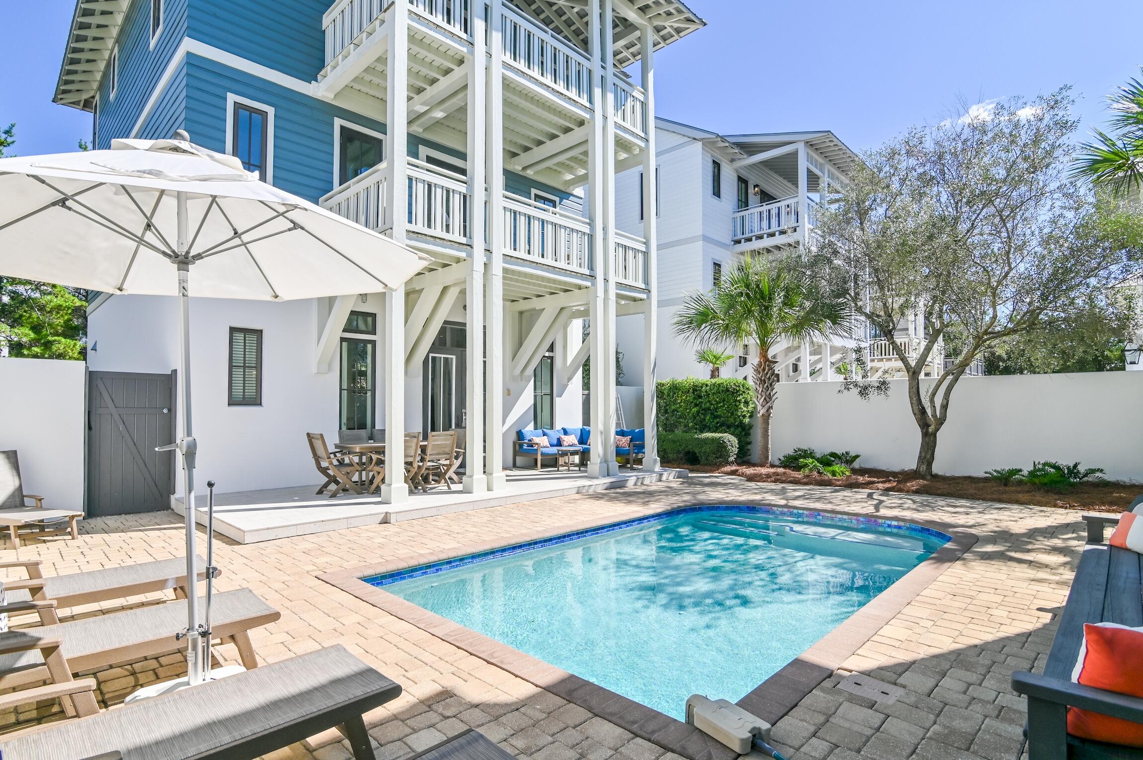 Overlooking the Racquet Club of Rosemary Beach, this serene oasis is nestled on Winston Lane and spans a private courtyard and newly refinished heated pool with a garage and carriage home. Boasting 5 bedrooms with 2 sets of hallway bunk beds; this updated cottage has plenty of space for families and proven rental income and projections up to $170k annually. A fenced-in backyard and sealed back deck with a pedestrian gate to Big Bad Breakfast or walks to 30Avenue make this location a desirable retreat. 
A guest and owner's delight near entertainment, restaurants and shops of Rosemary and Inlet Beach with NO HOA. Ideal for a second home or vacation rental investment, you won't want to miss the opportunity to see this breathtaking property.