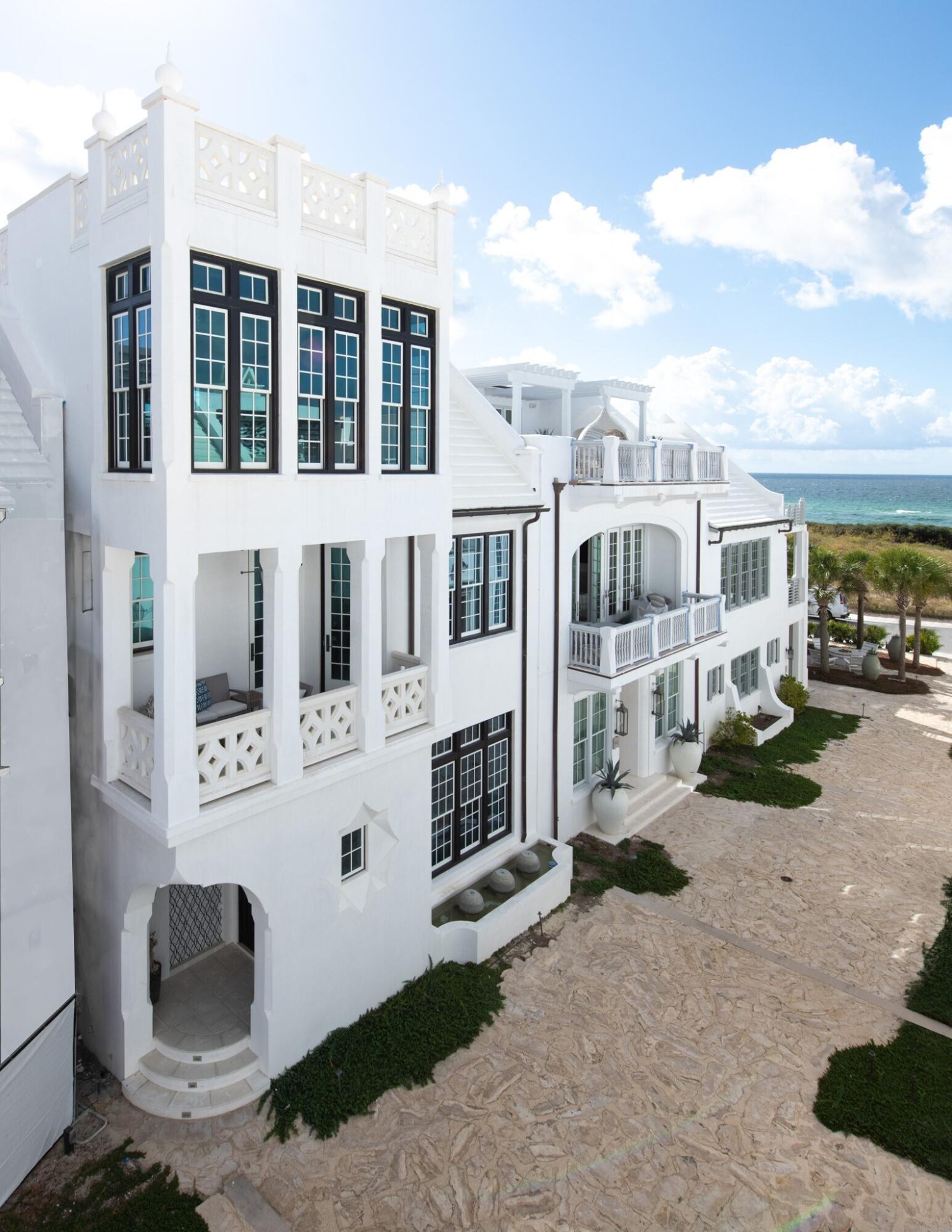 Very rare tower lot house south of 30A in Alys Beach that was allowed to built a story taller than the surrounding homes. A fourth-floor rooftop terrace overlooks the entirety of Alys Beach with direct water views. Fronting Sea Garden Pedestrian Path, 25 Robins Egg Court is mere steps away from the Private Owner Alys Beach Club and Beach Access. Designed by Domin Bock Architects, this 4,572 sf custom home offers 4 bedrooms, an additional living room, a private courtyard pool oasis, an elevator, and a large 2 car garage. Two master bedroom suites having dual vanities, a tub, a separate shower and walk-in closets ensures guests or family feel right at home. 200 year old reclaimed beams, venetian plastered walls and ceilings, quartzite countertops, Viking and Sub-Zero appliances are just some of the custom upgrades to be found. This house sleeps 16 people when accounting for the bunk beds and additional sleeping in the 3rd floor tower room.