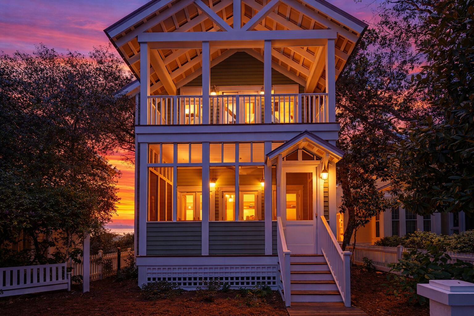 Location location location!! 
Irish Cottage is located only a 3 minute walk to the beach, is a quick stroll to downtown Seaside, and overlooks the iconic Tupelo Gazebo.  You wont need a golf cart or bikes with a home this close to the beach! 

This two-story home comfortably sleeps 12 with 2 primary en suite bedrooms, one on each floor! Yes, all 2,674 sq ft is in one large home, allowing the family to stay together instead of split b/w a small house and guest cottage.

Scaling Charm into a Spacious Family Retreat:
The timeless design created in 2013 by the award winning Tom Christ & Associates reimagined the 5th cottage built in Seaside into a spacious family home retaining its original drive-up charm along with its iconic arbored swing featured in several Seaside coffee table books Be sure to click on the 3D Virtual Tour for an interactive experience of walking through the home at your own pace and seeing exactly how the home flows. Below is a quick reference break down of each floor for your convenience.

First Floor:
- Private Primary Suite on first floor with king bed.
- Office, currently being used as secondary bedroom with Double Bed, single trundle bed underneath, and full bath in adjacent hallway

Second Floor:
- Extra spacious second Primary Suite with king bed and sitting area with private porch.
- Spacious Sleeping Den with 3 queen beds and a sitting area with half bath attached and full bath in adjacent hallway

What the owners LOVE about this home: 

- Within 240 feet of the Tupelo Beach Pavillion
- 2 primary suites with king beds, one on each floor.
- Spacious bedrooms are separated throughout the house to allow for quiet rest from the fun and sun.
- Open floor plan with 9 -10 foot ceilings
- 1st level screened front porch that looks upon Tupelo gazebo
- Private front balcony off 2nd floor primary suite
- Additional private side porch for evening gatherings
- Major Renovation in 2013
- Large walk-in pantry
- Private home, not on the rental market.
- Huge exterior storage closet in rear of home
- Iconic arbored swing featured in Seaside books