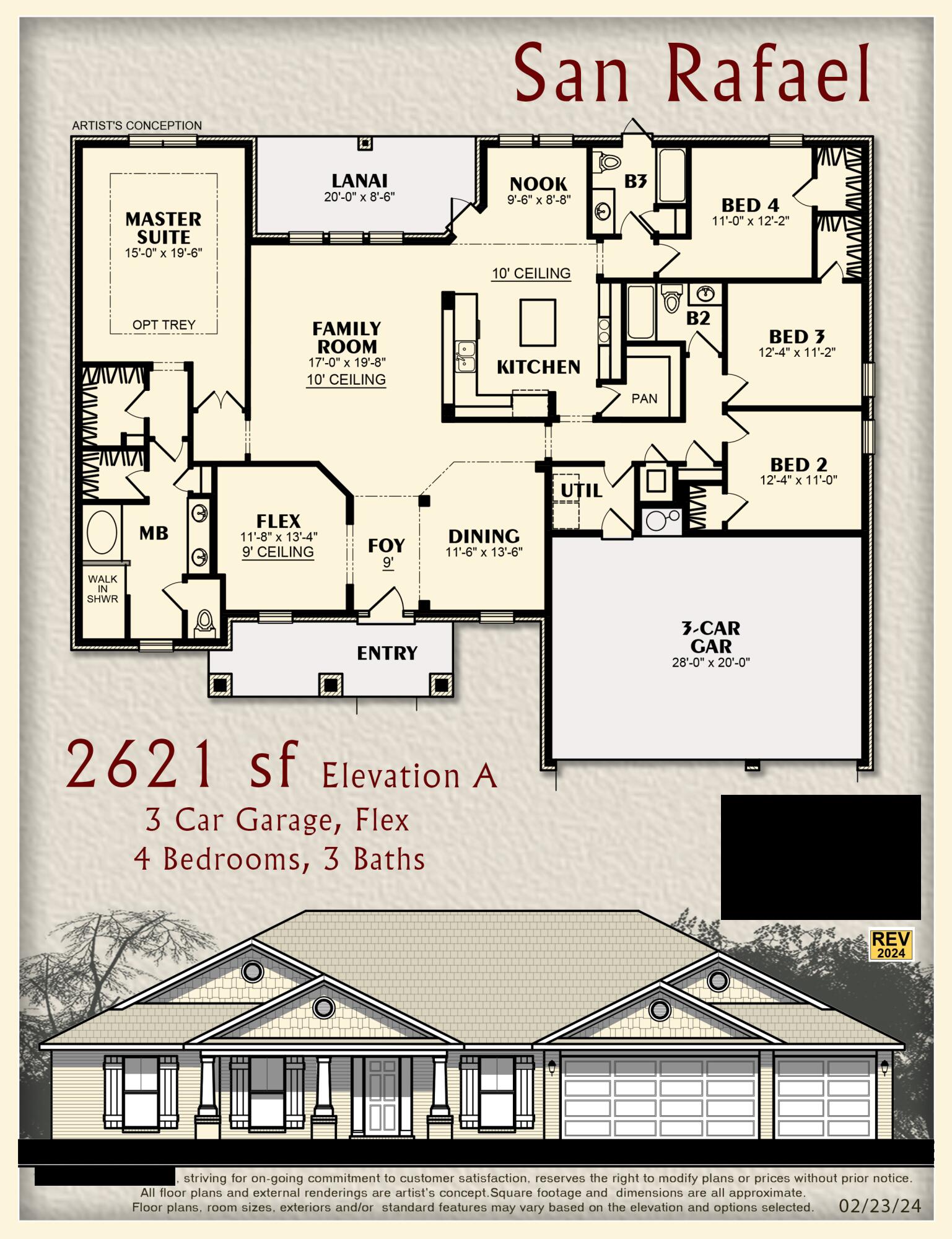 This Plan Features: 2 x 6 Exterior Construction, 3 CAR GARAGE, 4BR/3BA & Flex Rm, Dining & Breakfast Cafe * 10 Ft Ceilings & Laminate Wood Plank Flooring in Main Living Areas * Granite Countertops Kitchen & Baths * Tile Flooring in all Baths* Kitchen: Granite Island, Stainless Steel Appliances & Walk In Pantry * Soft Close Cabinetry * Main Suite w/ Trey Ceiling & Main Bath with Builders Signature Zero Entry Walk in Tile shower w/ 2 Shower Heads, Separate Soaking Tub, Double Vanities & Large Walk-in Closets * Ceiling Fans All Bedrooms, Family Rm & Rear Covered Lanai * Irrigation & more.