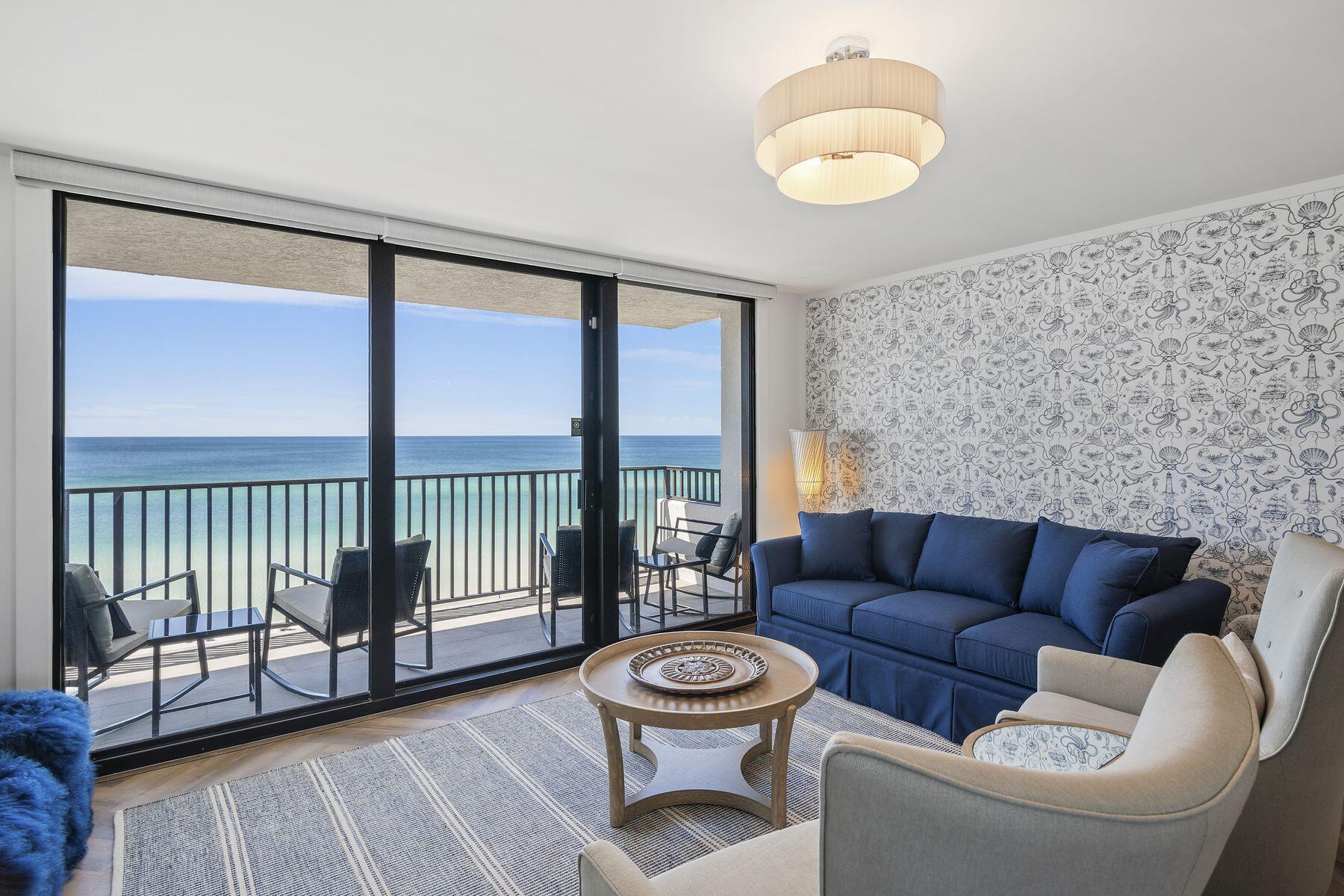 Coveted west-facing end unit in highly desired One Seagrove Place! This 5th floor corner unit has been completely remodeled from top to bottom. This condo is in pristine condition and has not been rented since the remodel. Boasts a waterfront master suite with unobstructed panoramic gulf views. Breathtaking sunsets are a regular occurrence from the primary suite, kitchen, and living/dining area, as well as the private balcony. The second bedroom and additional full bath allow plenty of space for families and groups. Owners and guests enjoy resort style amenities including easy beach access with optional beach chair service just steps from the elevator, a seasonally heated pool, and a fitness center. Ideally located in Seagrove Beach, this condo is just a short walk or bike ride away from nearby attractions in Seaside, Seacrest, and more.