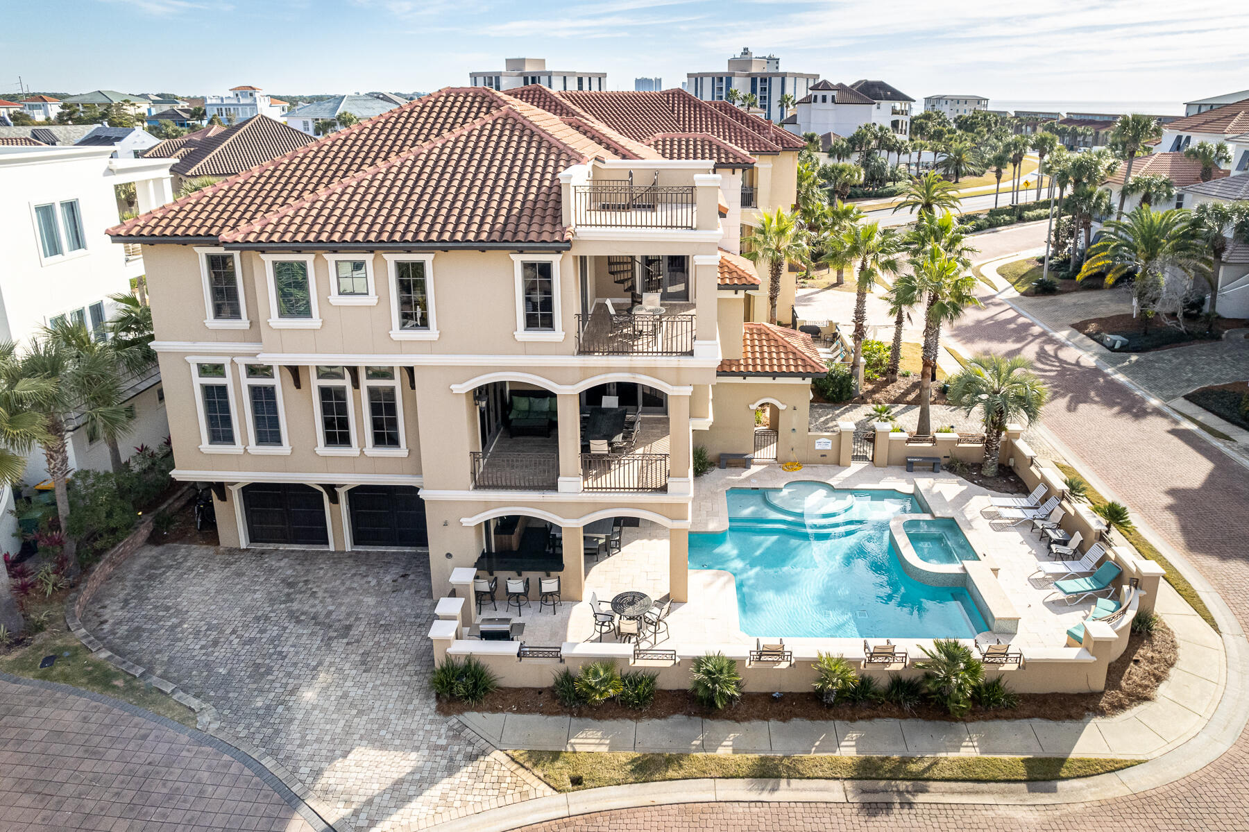 Rental Powerhouse! With rental projections at $450K+, welcome to ''Giggling Marlin'', in the popular Destiny By The Sea neighborhood. Sitting on an over-sized, corner lot, this is sure to be an incredible second home or perfect investment property. This home offers 7 bedrooms 7 and a half bathrooms, game room, gourmet kitchen with state of the art appliances from Viking gas burners and grill, 60' Electrolux fridge with an additional 36' Viking fridge on the first floor for the incredible entertaining that this home offers. From the elevator to all floors to the resort pool with tanning shelf, swim up bar stools, outdoor kitchen complete with stereo and TV. The 4th floor balcony offers views of the breathtaking Destin white sandy beaches. This won't last! Destiny By The Sea offers gated community, 24 hours security, private pool and private beach! The list goes on with this one-of-a-kind home. Come and view this masterpiece!