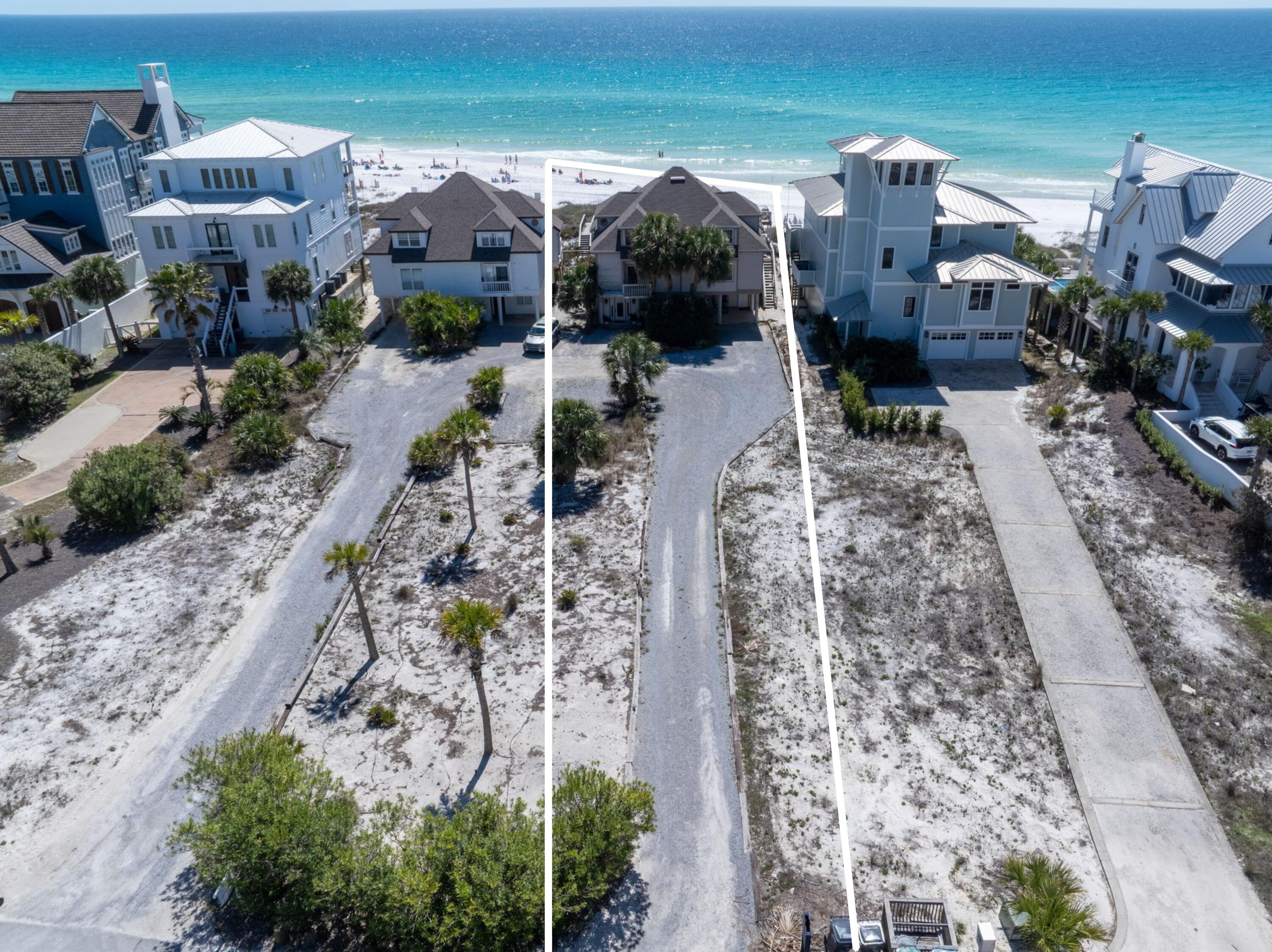 Gulf-front duplex on two parcels totaling 60' of Gulf frontage and ~500' of depth across from Eastern Lake, offering coastal dune lake views as well. Combined 6 beds / 6.5 baths across 4,583± heated SF, built 1984. Inverted floor plan: second floor features open living area, updated kitchen, and primary suite; large covered porch leads to the beach via boardwalk. Ground floor offers a second living area, bedroom, full bath, and laundry. Third floor has two additional bedrooms with renovated en suite baths. Each unit includes outdoor shower. New roof 2021. Eastern Lake access steps away; boat ramp ~1 mile south of 30A.