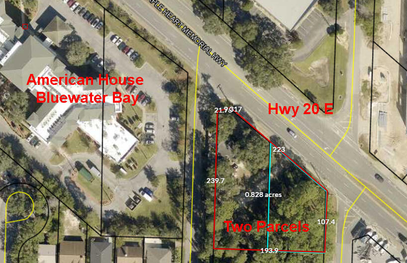 This is prime commercial real estate in the heart of Niceville.  It is approximately 2 miles away from the Mid-Bay bridge and only half a mile from the main entrance to Blue Water Bay.  The resort town of Destin is just over the bridge, about 5 miles away.  There are TWO LOTS being sold together.  These are 4600 and 4602 Hwy 20 E, in Niceville.  There is a house on the property that the owners consider to be of no value.  Buyer must verify all information and suitability to intended use.  According to the Okaloosa Zoning Map, the property is zoned C-3.  This allows for most commercial applications.