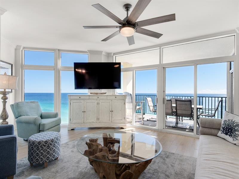 This is the only unit available in the Jade East community and is a top-performing property on the Newman-Dailey onsite management program. Recently updated with no spared expense, the condo features new flooring, paint, quartz countertops, kitchen cabinets, shiplap walls, drapes, bathrooms and more. The decor includes white shiplap walls, modern glass tile in the kitchen and bathrooms, driftwood furnishings and a fully outfitted kitchen with stone waterfall counter and stainless steel appliances. The three-bedroom, three-bathroom layout offers privacy—no two rooms share a wall—and the primary suite boasts breathtaking beach views, a sitting area and a luxury bathroom with a huge walk-in shower. The furnished beachfront balcony invites you to reconnect and enjoy Destin's sunsets. Deeded beach access, pool access, fitness center, barbecue decks and tennis courts are just an elevator ride away. Two parking spaces are included. In addition, the entire unit features ceiling and wall finishes without any texture professionally removed to achieve a seamless, highest-end Level 5 finish throughout for a premium look and feel. Managed by Newman Dailey, this property consistently exceeds guest expectations and reviews highlight its cleanliness, maintenance, views and comfort.