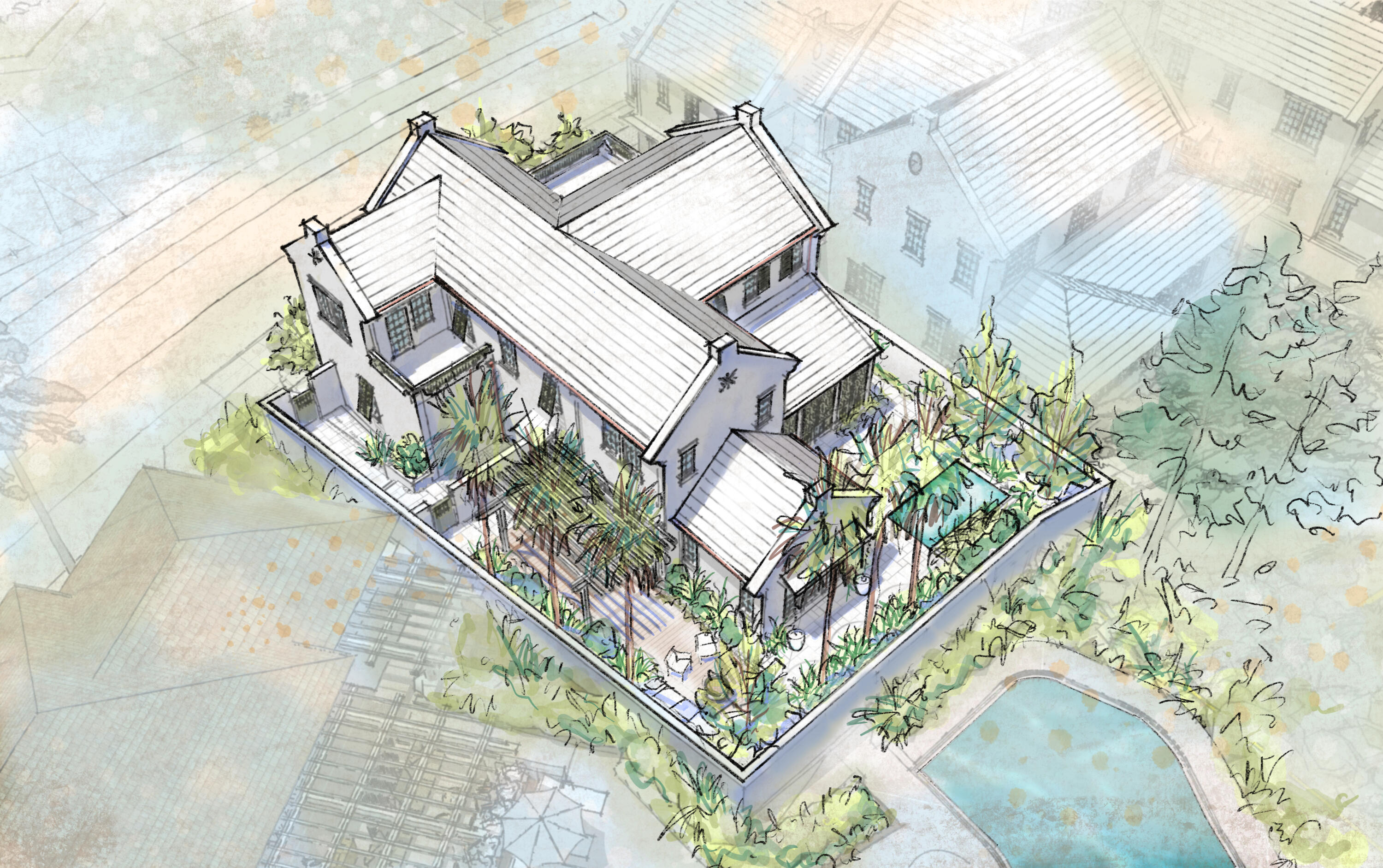 This Somerset Home features streetscapes characterized by white garden walls in a quiet place in Alys Beach. A neighborhood that is bit more ''Country'' than ''Town.'' Much emphasis was placed on outdoor living with an open arrangement of interior spaces extending outdoors with garden rooms and courtyards shaded by trellises and arbors. Outdoor gathering places with firepit alcoves, water features, thoughtfully placed pools, covered summer kitchens and bars, and screened garden rooms are designed to maximize each property's use and enjoyment. GG1 location is in close proximity to the The Silva amenity to be delivered in the GG Block. The Silva will be
comprised of a central event lawn, an enclosed pavilion opening onto the event lawn, pool, and covered terrace with bar and café.