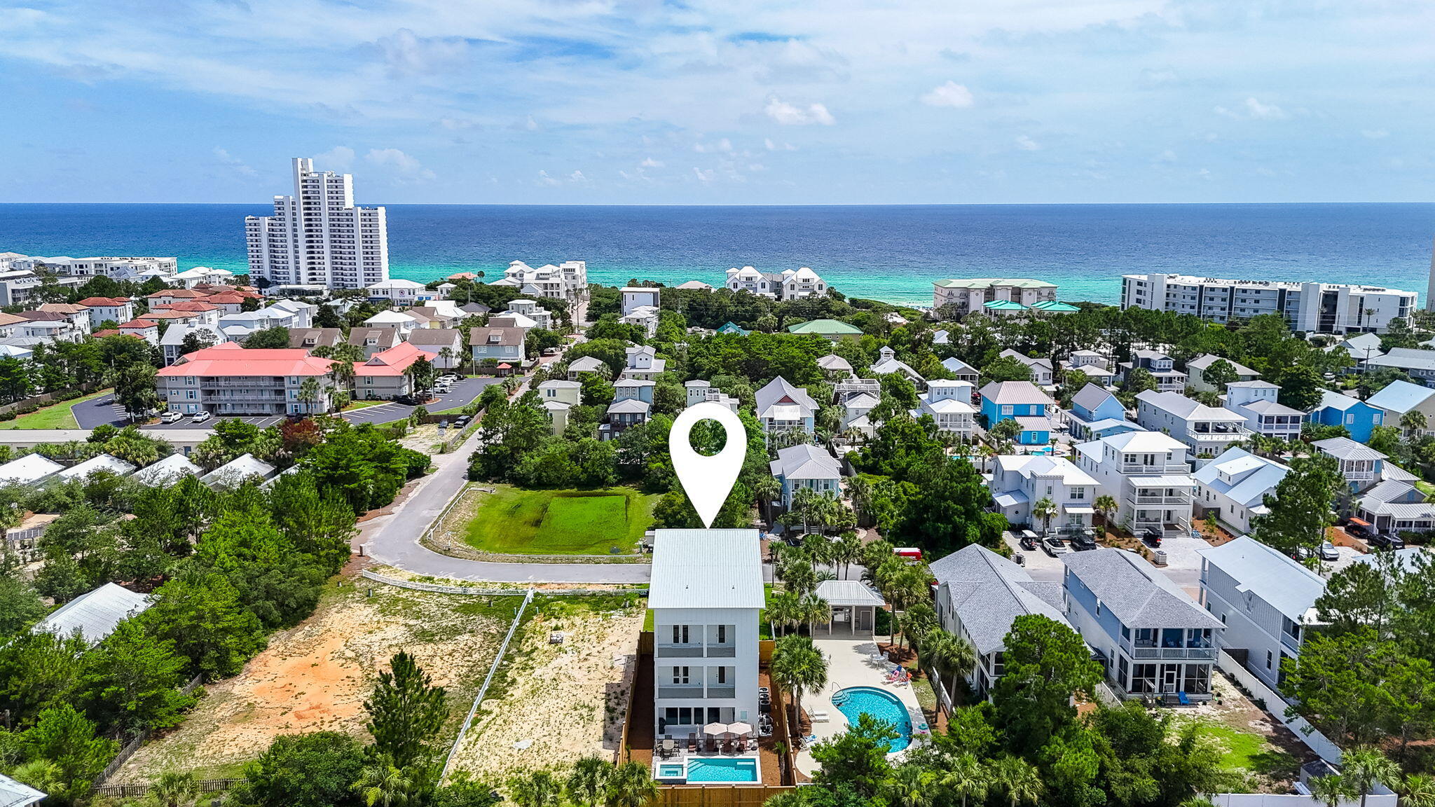 Stunning new construction located just 0.25 miles from Beach Access and only 500 yards from the brand new Seagrove Regional Access with restrooms and golf cart parking. This fully furnished 4-level coastal retreat features 5 king suites, an 8-bed bunk room, 6 full baths, and 2 half baths. Highlights include an elevator, rooftop terrace with Gulf views, and a private backyard oasis with heated pool, spa, outdoor shower, TV, and pool bath. Interior finishes include wood composite flooring in an oak finish, limestone tile, shiplap accents, and a chef's kitchen with Thor appliances and a Frigidaire built-in refrigerator. Smart home technology, surround sound, and ample parking make this ideal for a primary, second home, or vacation rental. $83K on the books as of March 1.  Appraised 2.875M. use. Bonus flex/game room and 1 full year builder's warranty included. Minutes from Seaside, WaterColor, and 30A dining/shopping!