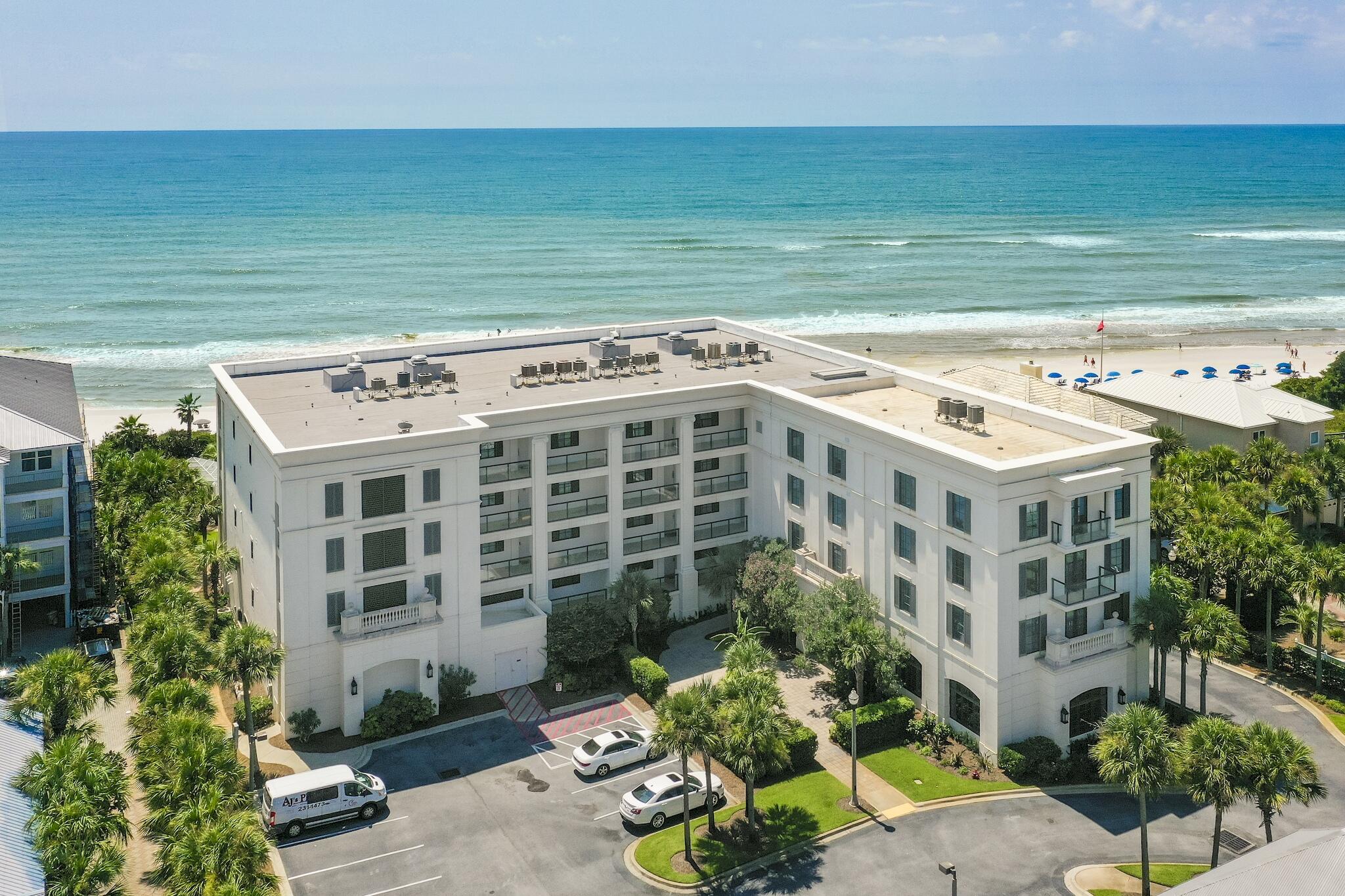 Coastal luxury at its finest in the highly sought after in Park Place a non rental building in the heart of Seagrove Beach. Residences in this building seldom come to market with the last sale being in 2018. 402 is a 4br 3.5 bath top floor east corner unit with endless views of the beaches of Seagrove. Features of this residence include private access by elevator, two master suites with private en suite offering floating granite top vanities, custom tile, custom cabinetry throughout, soaking tub, and walk-in showers. The kitchen is appointed with everything one expects in this price range with sub zero refrigerator, wet bar, Wolfe gas cooktop, and more. The master Suite has floor to ceiling windows overlooking the pool and beach with a direct entrance to the balcony. A dedicated covered garage space is included with the residence with additional spaces available outside in the parking lot. The building has a gated entrance with security, large pool, spa, splash pool, cabanas, grilling area, gym and 200 feet of private beach front. With only 17 residences in the building, privacy and quietness is maintained. Property conveys fully furnished with the exception of a few personal items.