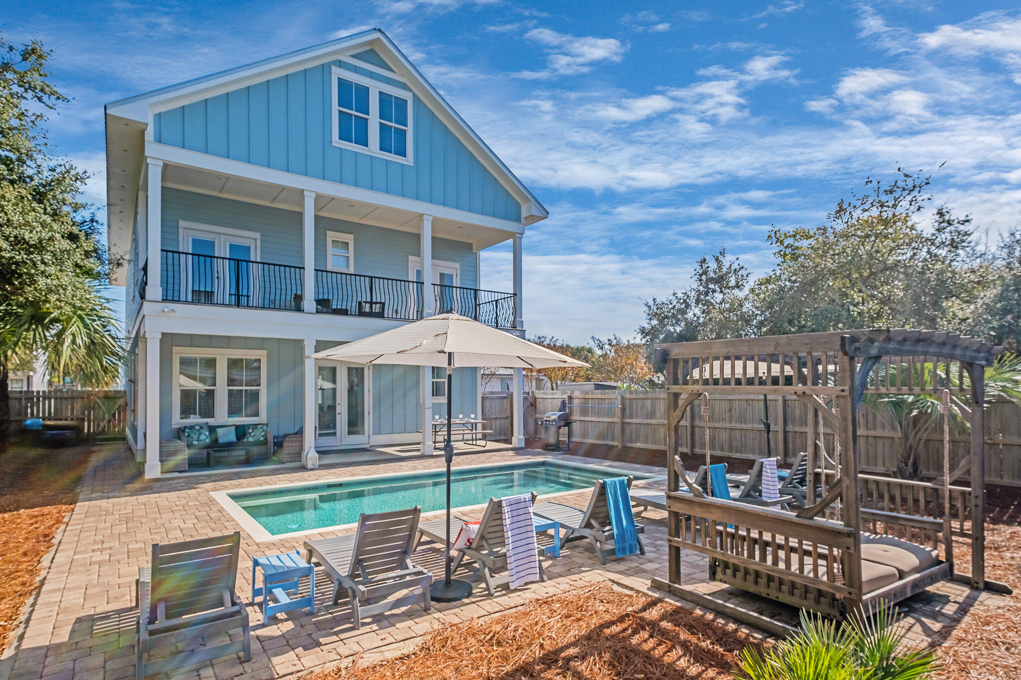 Located in the most desirable neighborhood in Destin, this Crystal Beach turnkey vacation home is a modern coastal masterpiece.  

Less than 2 blocks from the best beach on the Emerald Coast, this 3-story breezy cottage boasts over 3,389 square feet of comfortable and tasteful living space.  

This professionally decorated 7 bed/7bath property includes an open kitchen with quartz countertops and an impressive, oversized island.  Family style dining awaits at the large harvest table with convenient built-in bar and ice maker.  Post-beach relaxing is easily achieved in the comfortably furnished living room.  2 spacious king suites round out the main floor.  

4 king suites, each with access to attached covered decks/porches, are on the second floor, along with a bonus family room. The third floor is a perfect kids retreat with a family style bunk room complete with 4 full beds and ensuite bath. 

This property features custom millwork and shiplap, 10-foot ceilings, stainless steel appliances, and all 7 bedrooms have ensuite bathrooms, each with extra large tiled showers.  

The private backyard features a large inground pool, covered patio and plenty of room for outdoor dining and lounging.  

This home is not in a Cobra Zone, is not in an HOA, and the front driveway accommodates up to 8 vehicles.