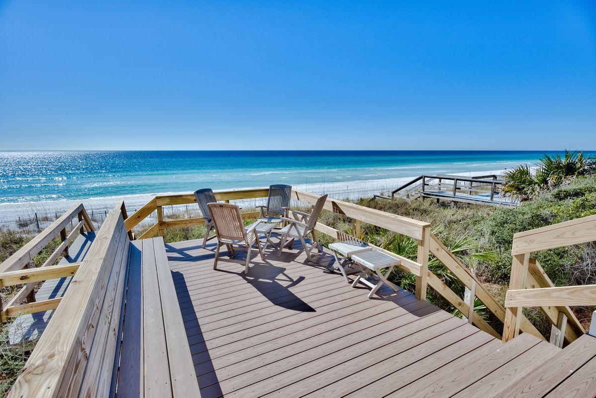 This amazing, gulf-front, four-bedroom home has just been renovated and is being sold furnished in Sunrise Beach along Scenic 30A in Blue Mountain Beach. This spectacular home is a great primary home, secondary, or rental investment and is ready to enjoy! The home also includes a two-car garage and plenty of storage on the ground floor with a full bathroom for easy trips in from your private beach walkover. One of the storage rooms on the ground level is heated and cooled as well. The second level has expansive gulf views from the kitchen, living room, and dining area. The kitchen has new Sub Zero and Wolf appliances as well as new cabinets and quartz countertops. Even the hardwood floors throughout the home have been refinished for an updated look. The guest bedroom/office with a full hallway bathroom and laundry room are on the second floor as well. You will find two more guest bedrooms and the master suite on the top floor. The huge master suite has a private porch overlooking the Gulf of Mexico and the sugar sands beach. The ensuite master bathroom with new cabinets, quartz countertops, and new toilet, also fronts the gulf for amazing vistas as you get ready for the day. 
The inside and outside of the home were repainted in May 2019. Further renovations include new microwave, garbage disposal, kitchen hood fan, all appliances and backsplash. A new tankless water heater, SimplySafe security system and cameras were also installed and new toilets expect for the ground floor bathroom. Along with the two-car garage there is parking for four more cars out front. A new DCS grill, which is hooked up to the home's gas line, was added to the enlarged back deck overlooking the gulf off the kitchen and living area. The exterior has new lighting and updated landscaping. All square footage and room dimensions are approximate and should be verified by the buyer.