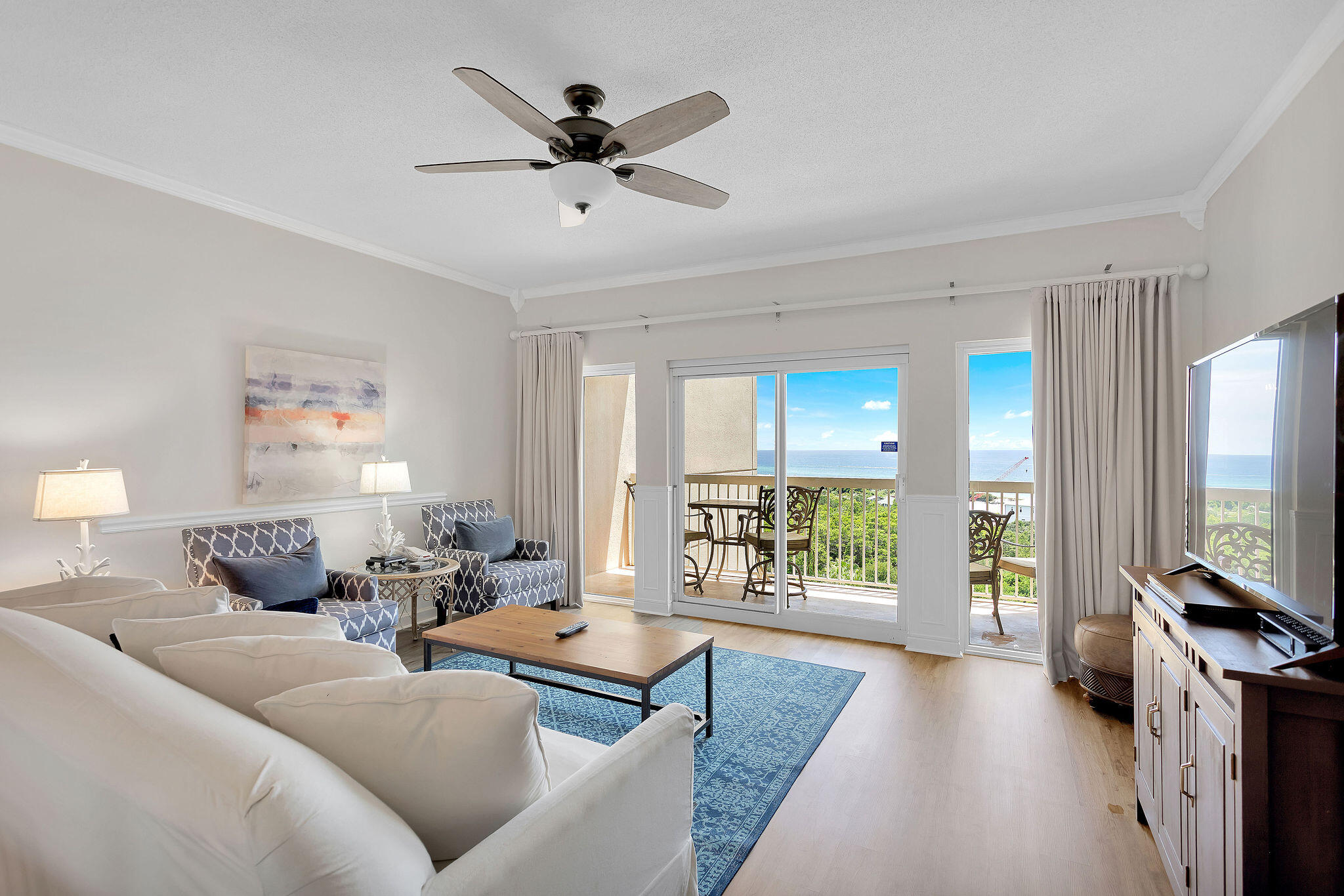 Amazing gulf views from this beautifully decorated 2BR/2BA condo at the Tops'l Beach & Racquet Club. Gulf views from the moment you walk into the unit. Bright, comfortable furnishings immediately make you feel a sense of relaxation. The ensuite primary bedroom has wide view of the water and a private entrance to the balcony. The second bedroom has a queen and a double beds to accommodate friends and family. This gated community is one of the secret spots of South Walton. A quiet retreat, yet close to all of the shops and restaurants of Sandestin and nearby scenic 30A. The perfect place to play on world class tennis and pickleball courts, relax at the Tiki Bar, soak up the sun at one of the many pools or on the 600 feet white sandy beaches.