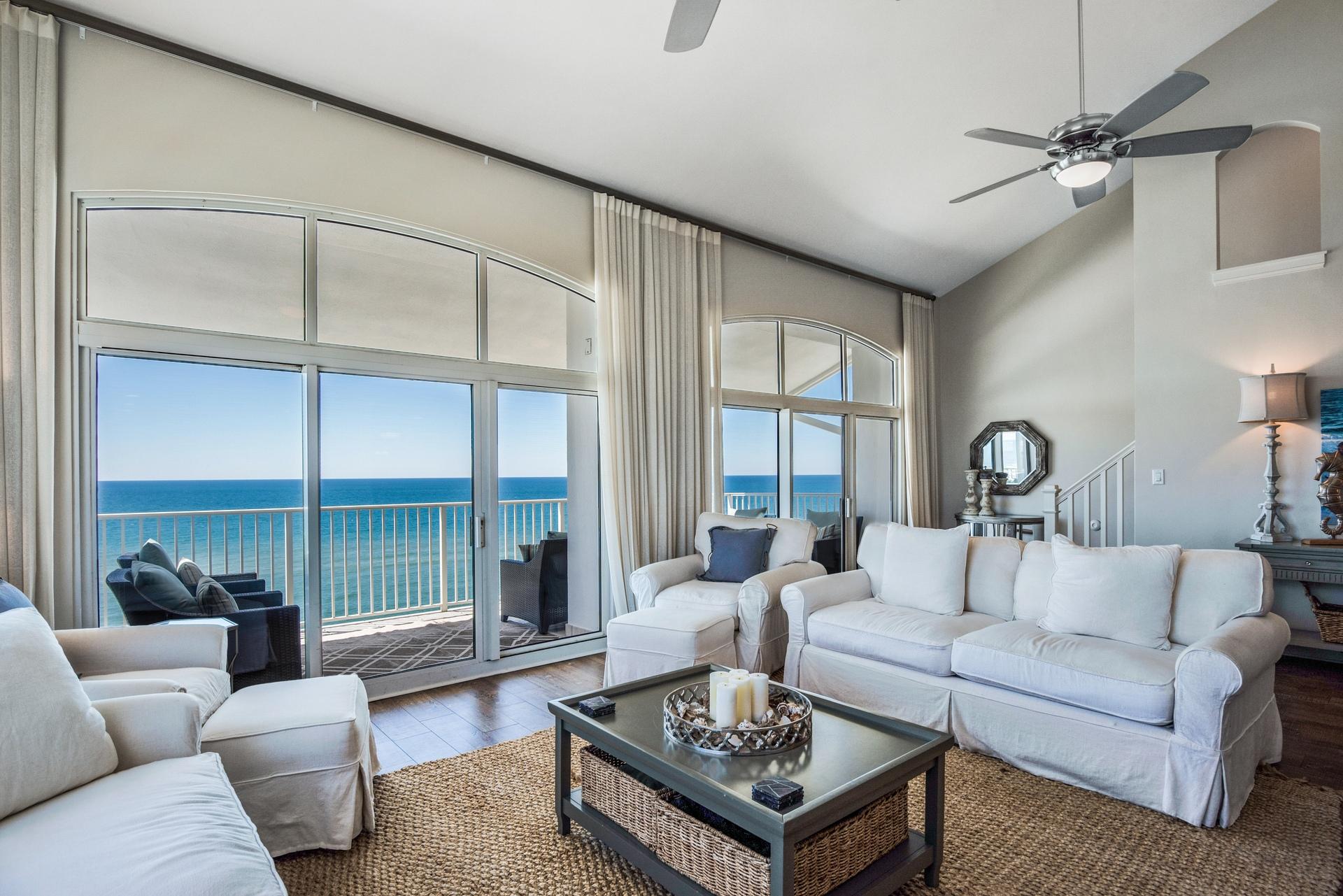 Stunning panoramic Gulf views! If you're looking for a true beach front property, don't miss your opportunity to own one of the Emerald Coast's finest crown jewels, The Penthouse at White Cliffs. White Cliffs condominiums are one of the best kept secrets along 30A. You're so close to the beach you feel like you can almost touch the water! Only 14 units make up this quiet oasis nestled on top of the highest elevation along the Gulf of Mexico, in the exclusive Blue Mountain Beach community. This gulf-front, spacious 3,900 sq/ft condo has just been totally remodeled with the highest quality construction material and finishes, and is offered fully furnished. The property features 4 bedrooms, 4 -1/2 bathrooms, a bunkroom which sleeps 9, and a crib room. The unit has two (one private and one shared) outside closets for beach and pool equipment to be stored out of sight.  
 Sit and relax on the 7th floor balcony and enjoy watching the abundance of marine life in the beautiful water of the Gulf of Mexico, with her white quartz beaches and views that extend all the way to Panama City! The Penthouse is perfect for one or more families that enjoy spacious accommodations and love to entertain. Create memories of a lifetime!   The spectacular open kitchen features granite counter tops, stainless steel appliances, high-end custom cabinets, built in refrigerator, ice maker, double oven, and more.  The open floor plan allows for incredible panoramic gulf views from the kitchen, living, dining, and bedrooms. The oversized master bedroom is located on the first floor, along with an additional guest bedroom and full bath.   There is also an office/mud room on the first floor with built in cubbies complete with drawers and plenty of room to hang towels, bathing suits, and other beach clothing and gear.  With no shortage of space, there is also a large closet to keep stocked up on supplies and other essentials and keep them out of the way.    The second floor of the penthouse offers 2 larger bedrooms connected by a Jack and Jill full bath - all with magnificent views of the Gulf!    There is also a large bunk room with four bunk beds, three full-size beds, and a full bath.  The bunkroom contains a separate vanity and a spacious but cozy loft for children that can be used to occupy their time on those rainy or cold days.  There is a seating/living area upstairs for adults along with a separate kids den.  For extra guests, you 'll find a queen size hidden auto inflatable air mattress hidden inside one of the couches upstairs allowing this roomy condo to comfortably sleep 20 people.   Finally, a crib room that can be used as a workout room or additional private seating area rounds out the upstairs.  
 White Cliffs is a gated, true Gulf front non-rental development, unlike anything you will see along 30A.  This property is completely turnkey â€“ purchase, close and go to the beach!  Covered parking, 75 feet of private beach (complete with daily beach chair service) and private pool set the stage for pure luxury.  In addition to the interior renovation, the exterior of the building and common areas recently underwent a major renovation to ensure the buildings integrity for years to come.  No large special assessments loom, as all major work has been completed to include: new ac units, roof sealed, exterior walls sealed and painted, new carport, renovated pool bath, and much more.   If privacy is important, look no further.  White Cliffs is truly a one of a kind property and one of the few real Gulf-front properties available on the market on 30A.
