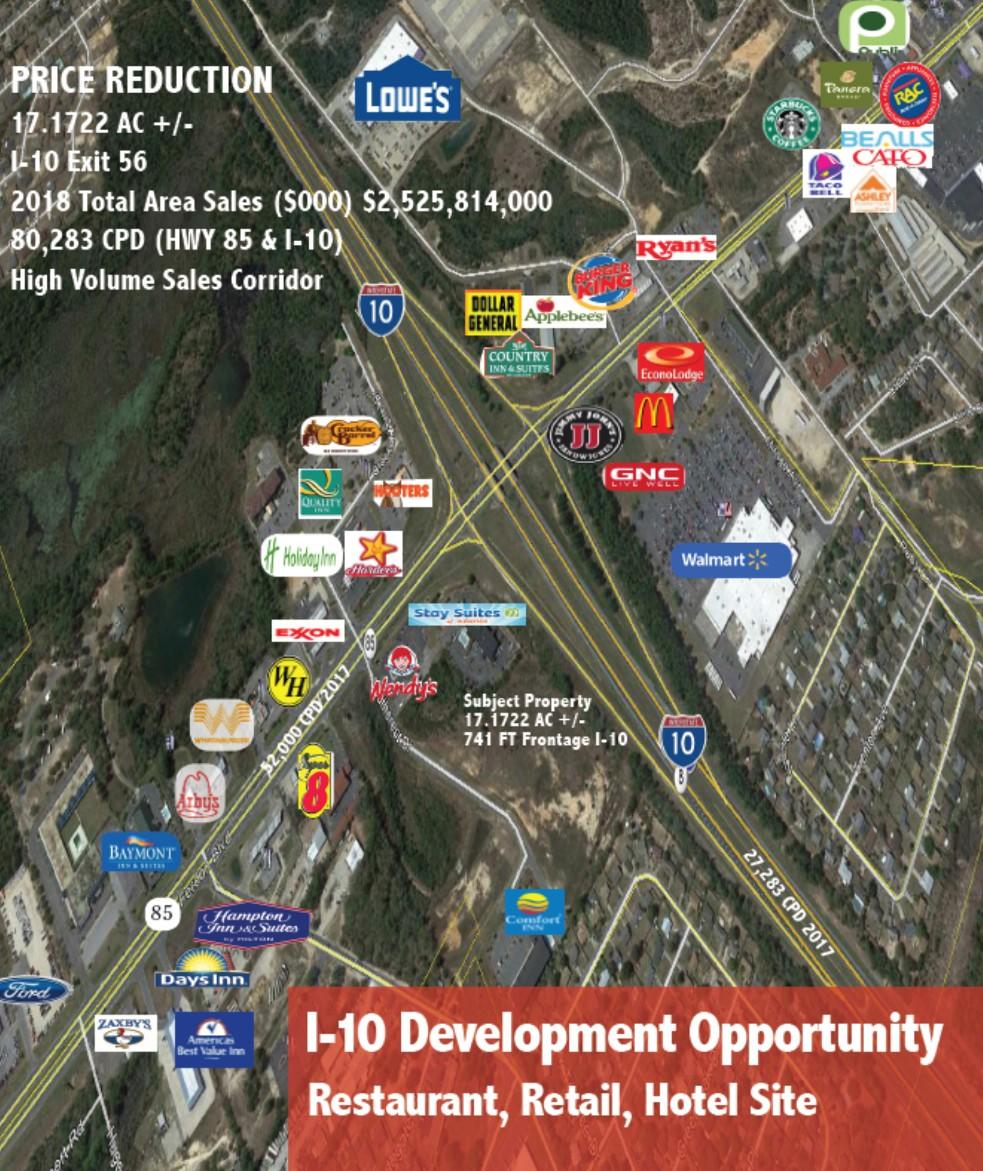Fantastic Development Opportunity- Large land tract priced to sell at busy interchange of I-10 and Exit 56. The property enjoys incredible visibility and access from I-10 (27,283) / HWY 85 (52,000 CPD) (major traffic corridors). The surrounding demographics are exceptional HV sales and above national MPI. Multiple points of ingress/egress from two major thoroughfares.
Located on Major I-10 Exit
Fantastic Visibility from I-10
80,283 CPD 2017 (HWY 85 I-10)
Surrounded by Hotels and Restaurants (9 hotels) The site is on Florida State Road 85 at the intersection of I-10 at Exit 56. The subject property is located in Crestview, FL at the high volume traffic interchange of I-10 and Exit 56. Surrounded by heavy rooftops, retail pads, FF restaurants, high volume sales Wal Mart/Lowes and 9 Hotels. Crestview, FL - Known as the "Hub City" because of its convergence of Interstate 10, S.R. 85, HWY 90, CSX RR, and the Shoal river, Crestview, FL is one of the fastest growing cities in Florida. It is the county seat of Okaloosa County and home to the Army's 7th Special Forces.