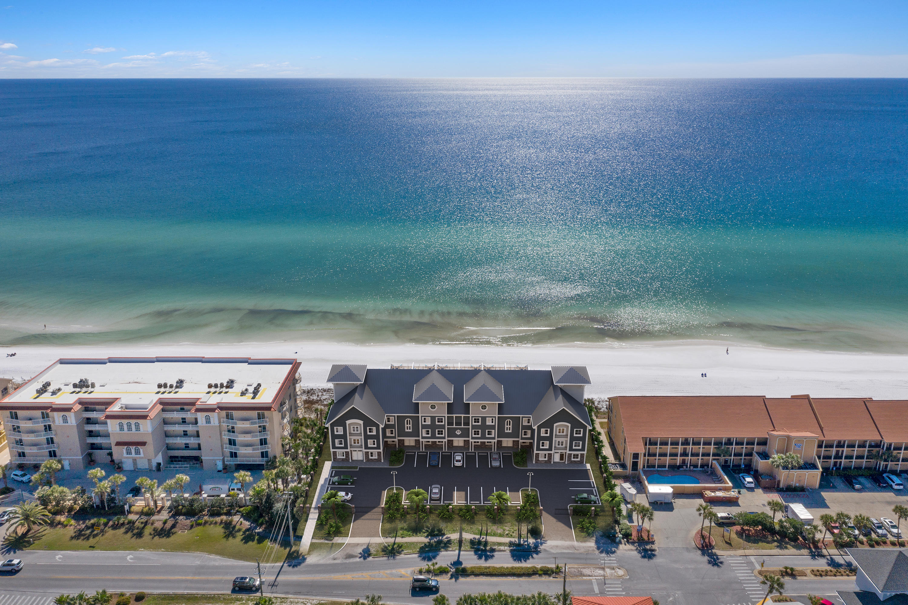 Henderson Beach Villas is Destin's newest and highly anticipated luxury beachfront project set to be complete in the fall of 2020. With private beach access, luxurious in-unit amenities, elegant design, and a premier location in Crystal Beach, Henderson Beach Villas sets a new trend in sophisticated coastal lifestyles on the Emerald Coast. Each villa is equipped with a private movie theatre, a rooftop gunite pool, 4 floors of outdoor space, and an in-unit elevator. Professionally designed by Duce & Co, this 3,160-sqft, 6-bedroom villa features 4 floors of luxurious interiors with porcelain and hardwood floors; high-impact retractable glass sliders; 10' first-floor ceiling; quartz, marble, and quartzite surfaces in kitchen and baths; Sub-Zero and Wolf appliances; and custom shaker cabinets. The beach is given center-stage at every chance. See-through glass surrounds on the balconies and rooftop deck elevate views of turquoise waters. The expanded, 102-sqft ground-floor patio extends deep into the sugary white sands to create optimal lounging. The 658-sqft-rooftop deck is the perfect post to watch Destin's famous sunsets across the Gulf of Mexico. In addition to the heated, 9'x16' gunite pool, the rooftop includes a covered cabana, grill area, and storage. The theatre room offers the next best view with full projection and raised seating. Henderson Beach Villas has considered every aspect of luxury coastal living, including privacy and noise with soundproof dual acoustical panels and firewalls between units; soundproofing between floors; and sound mats under all levels. This villa is pre-wired for Control4 smart home operating and includes a full home sound system. This 10-unit community offers 2 parking spaces per unit plus 5 extra spaces, gated beachfront access, and a private beach walkover.